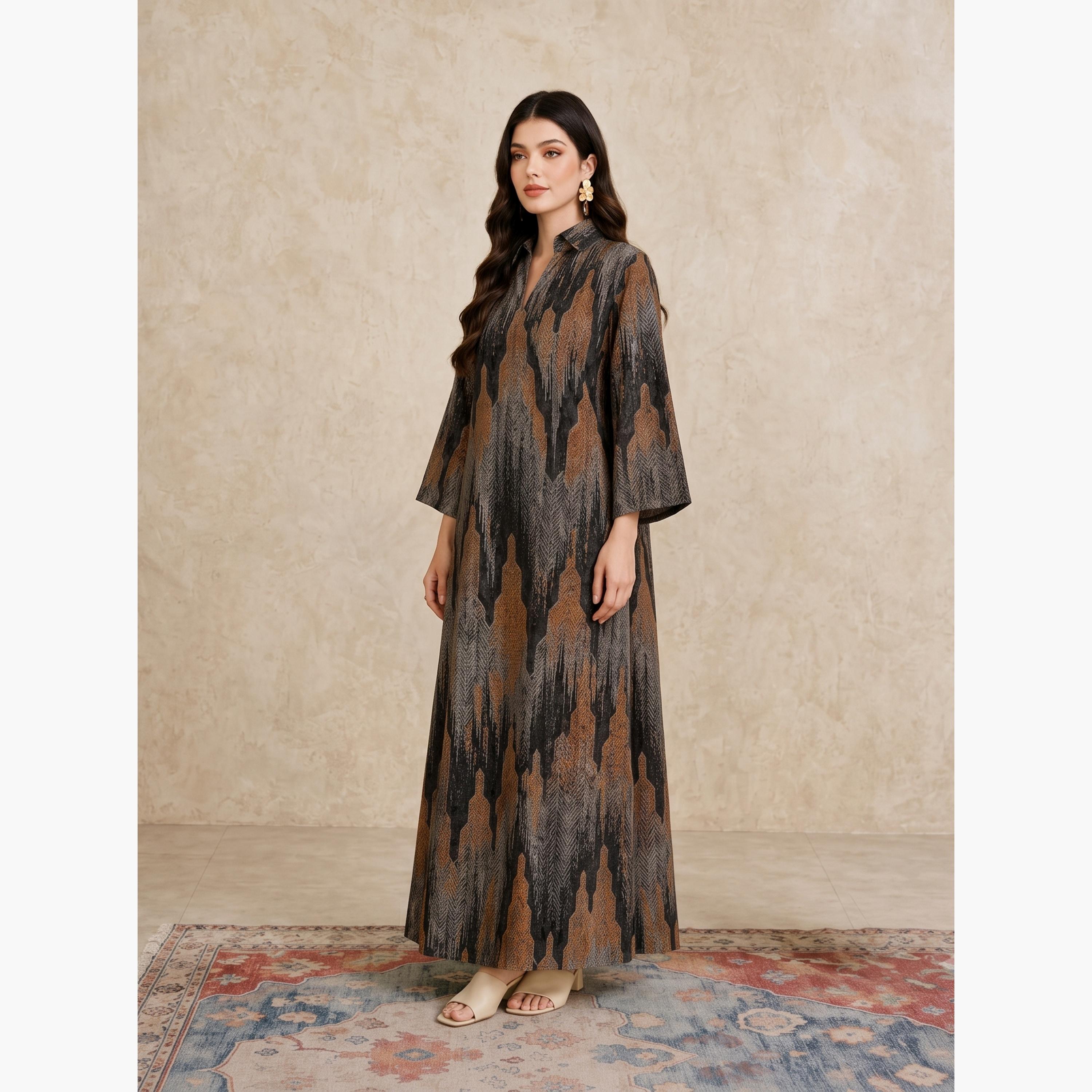 Take Two Copper All Over Print Open Collar Jalabiya-women-arabicclothing-jalabiyas-image-5