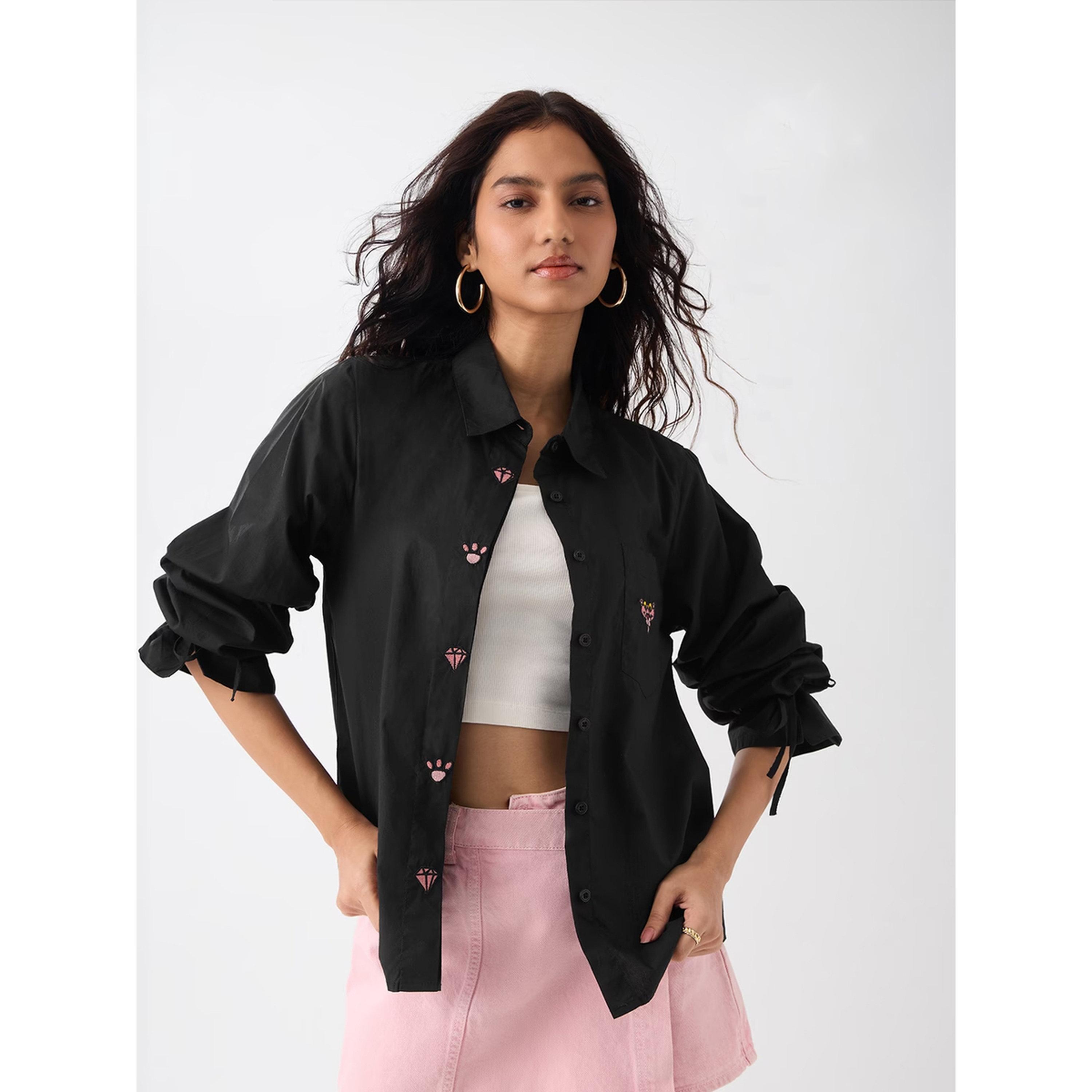 The Souled Store X Styli Black Relaxed Fit Shirt with Pink Panther Embroidery-women-clothing-shirtsandblouses-shirts-image-1