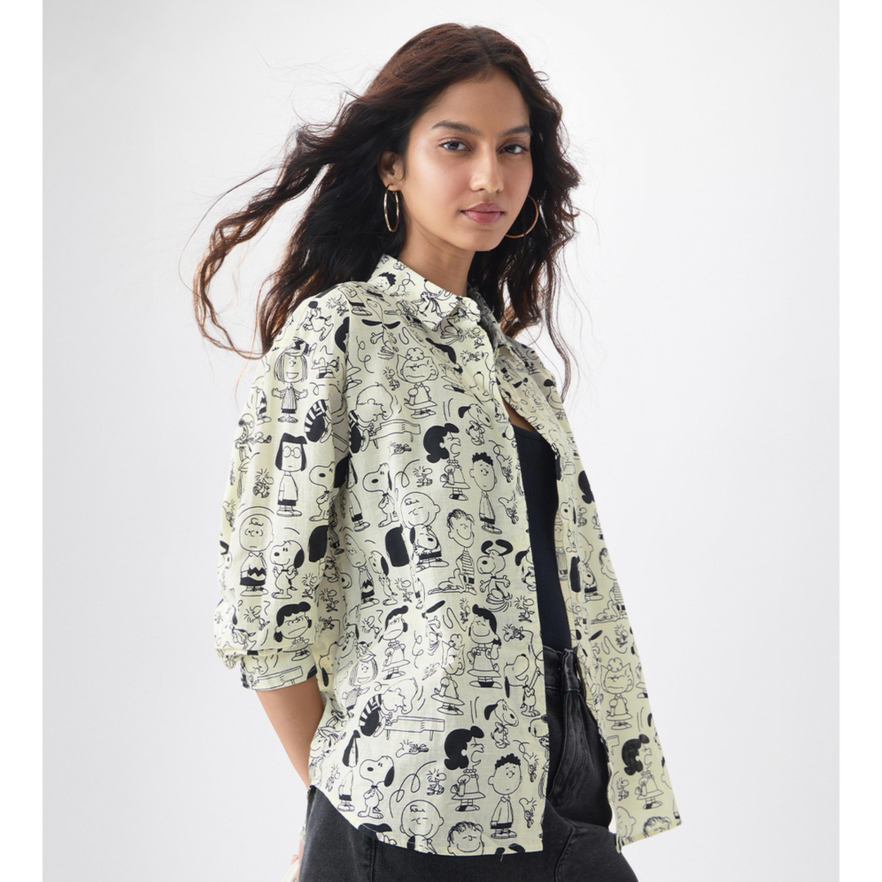 بلوزة أوف وايت بأكمام طويلة وطبعة شخصيات بيناتس-women-clothing-shirtsandblouses-shirts-image-1