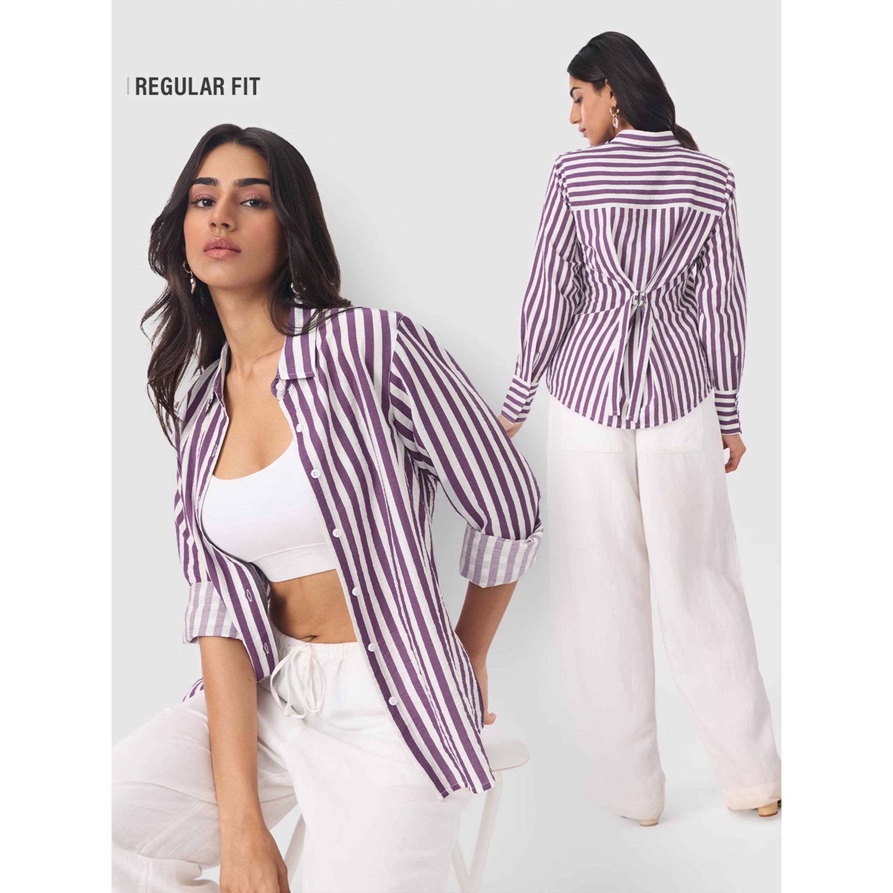 The Souled Store X Styli Purple Striped Regular Fit Long Sleeve Shirt-women-clothing-shirtsandblouses-shirts-image-2