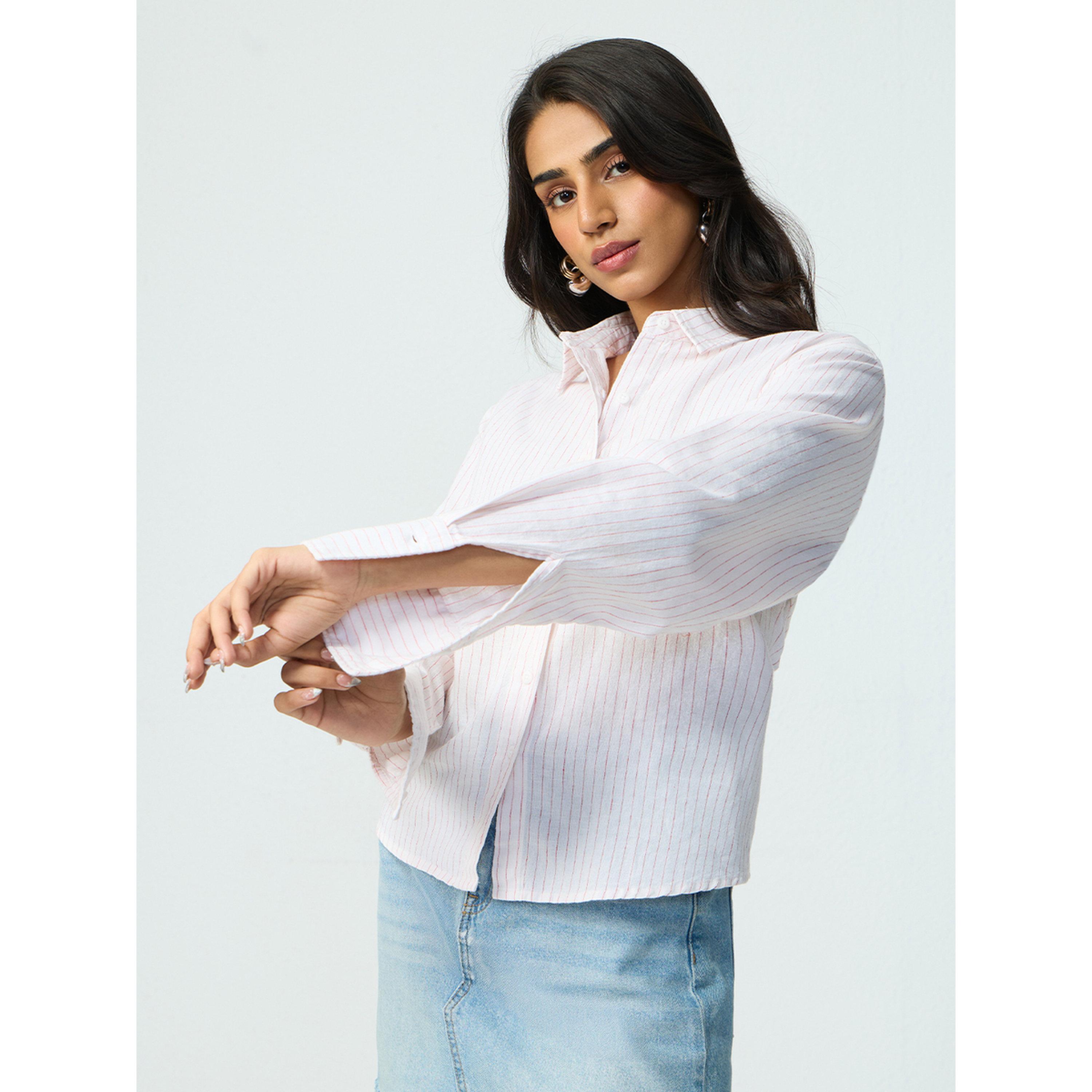 The Souled Store X Styli White Striped Linen Blend Long Sleeve Shirt-women-clothing-shirtsandblouses-shirts-image-1