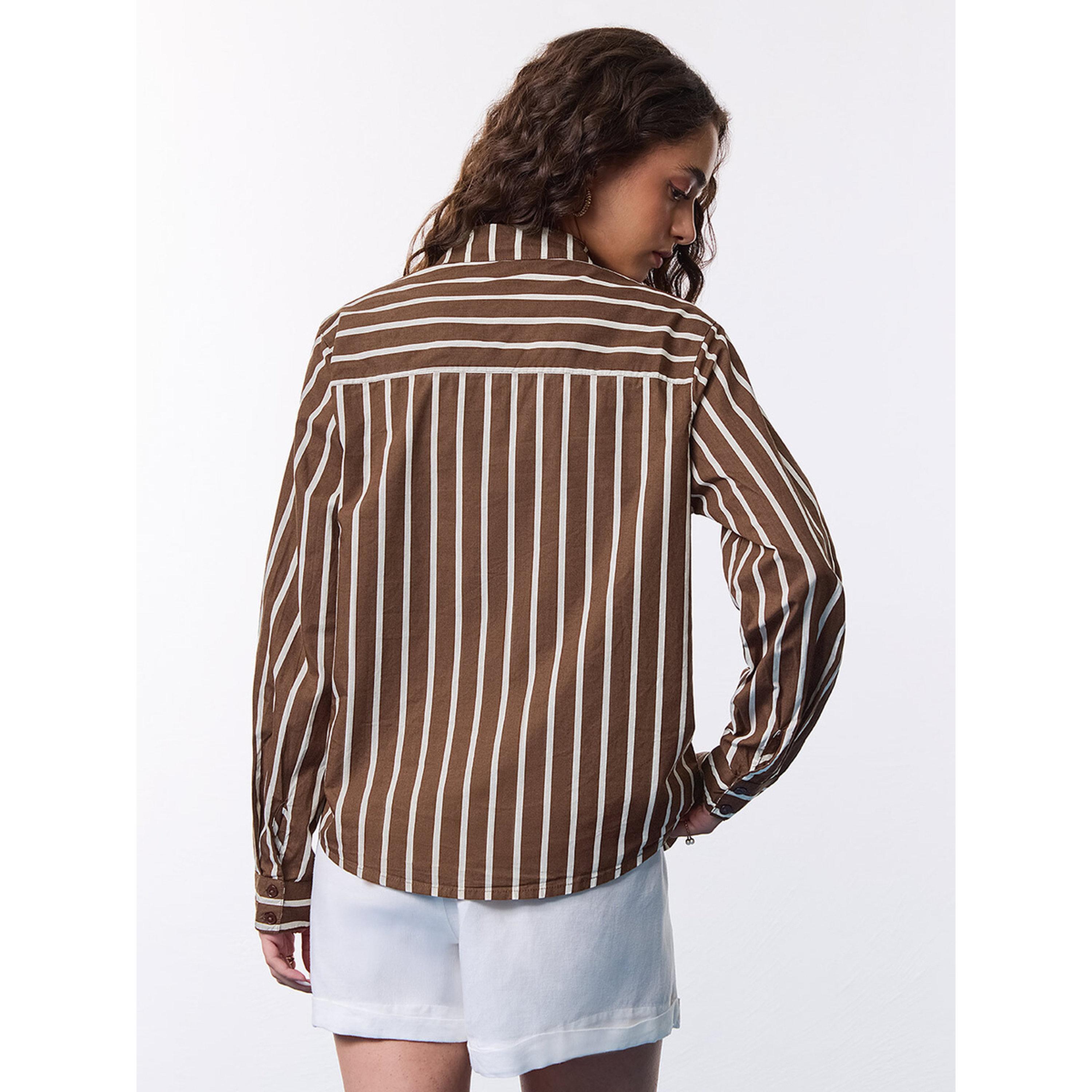 بلوزة بنية بأكمام طويلة بقصة مريحة ومخططة-women-clothing-shirtsandblouses-shirts-image-3