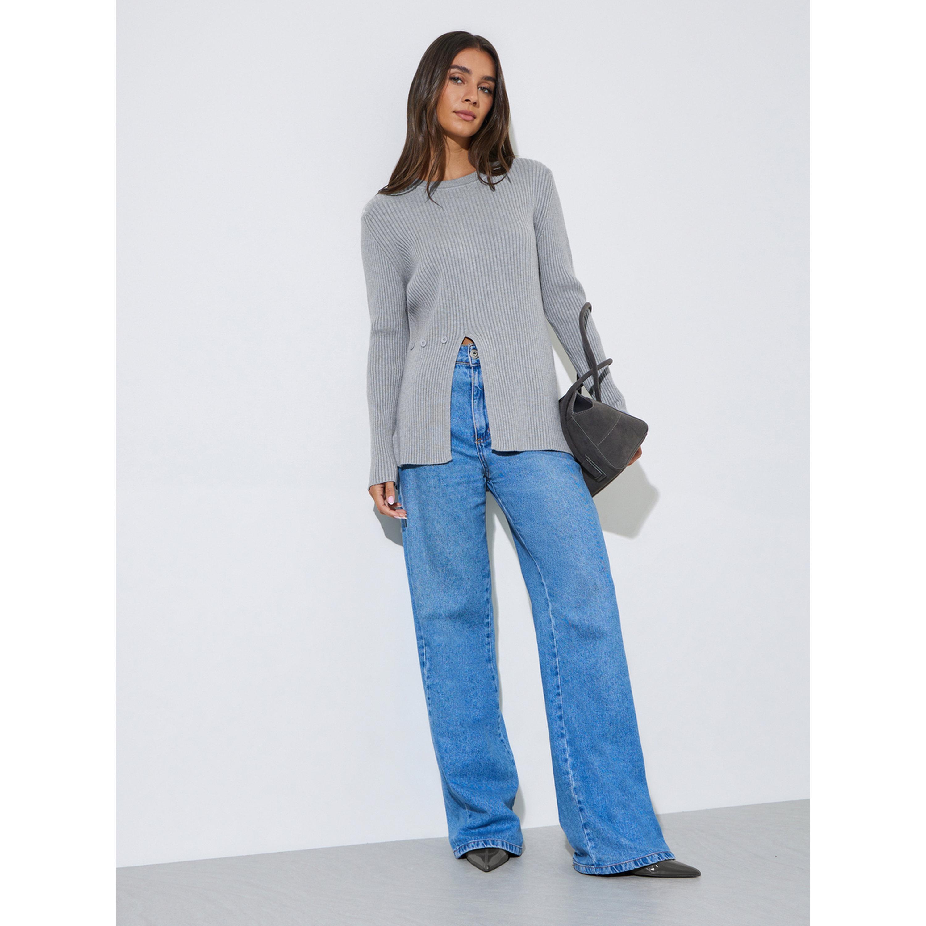 Styli Grey Ribbed Longline Side Slit Sweater-women-winterwear-cardigansandjumpers-jumpers-image-2