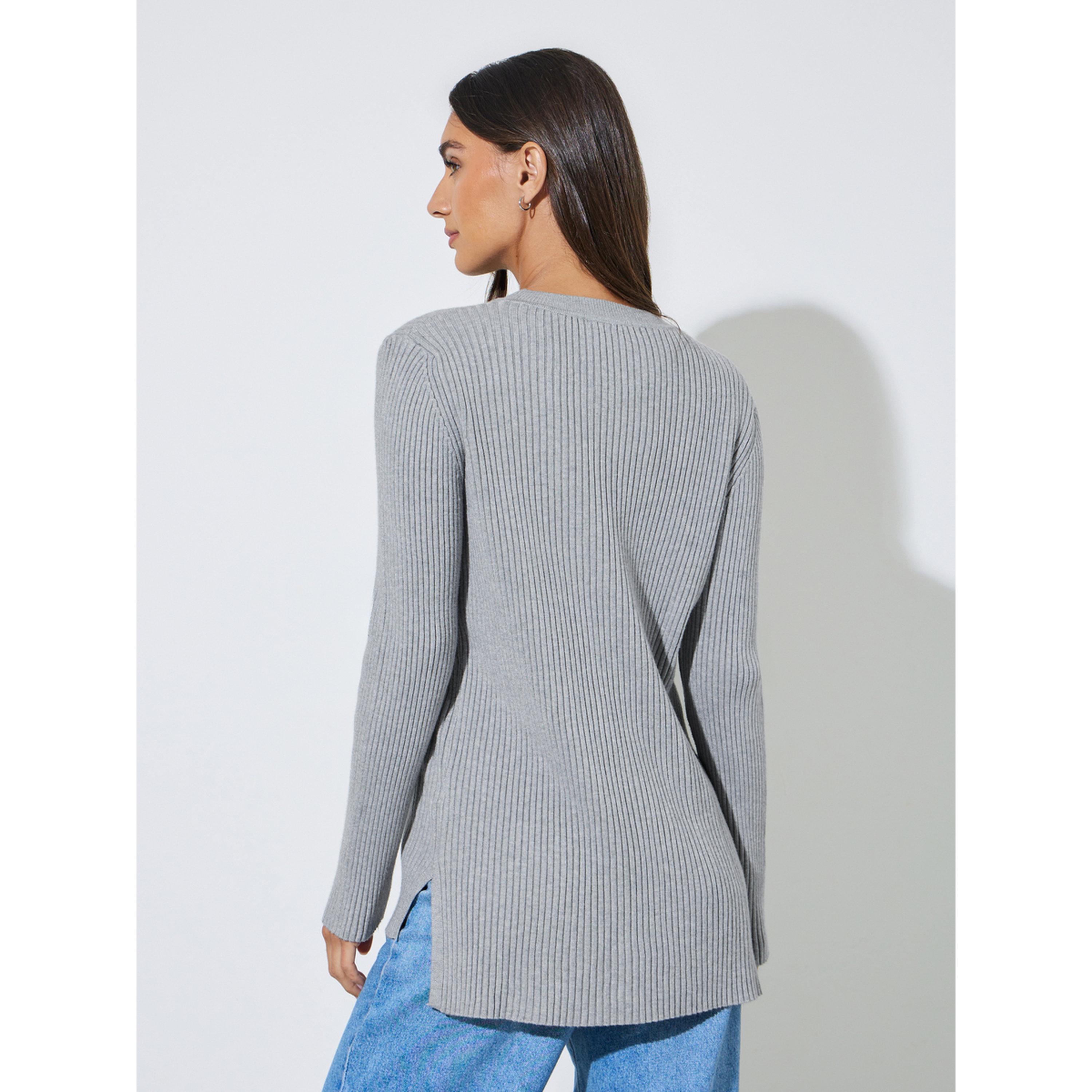 Styli Grey Ribbed Longline Side Slit Sweater-women-winterwear-cardigansandjumpers-jumpers-image-3