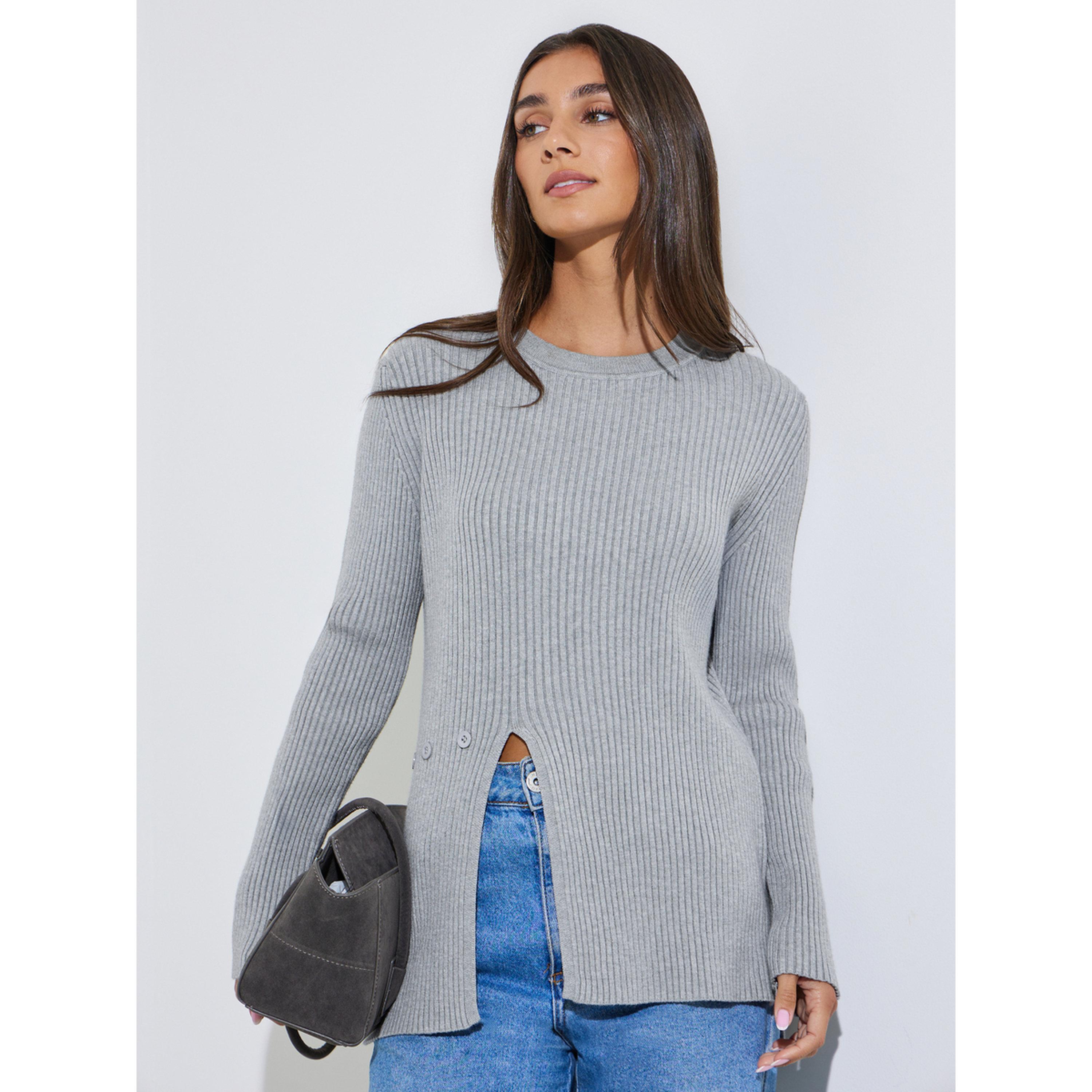 Styli Grey Ribbed Longline Side Slit Sweater-women-winterwear-cardigansandjumpers-jumpers-image-4