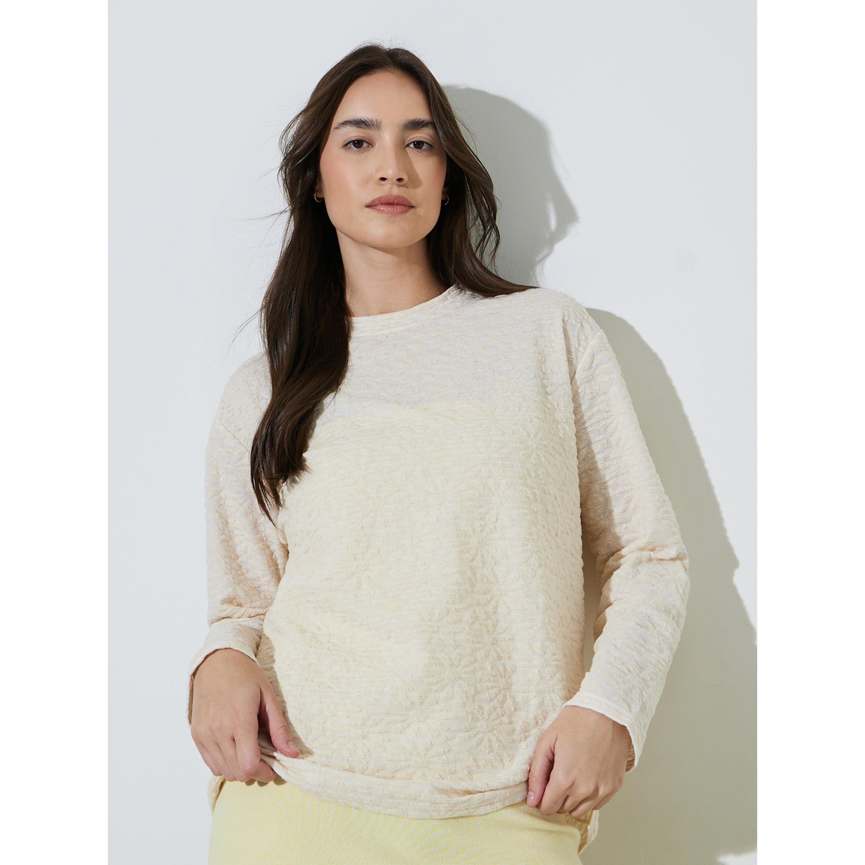 Styli Beige Textured Knit Long Sleeve T-Shirt-women-clothing-tshirts-image-1