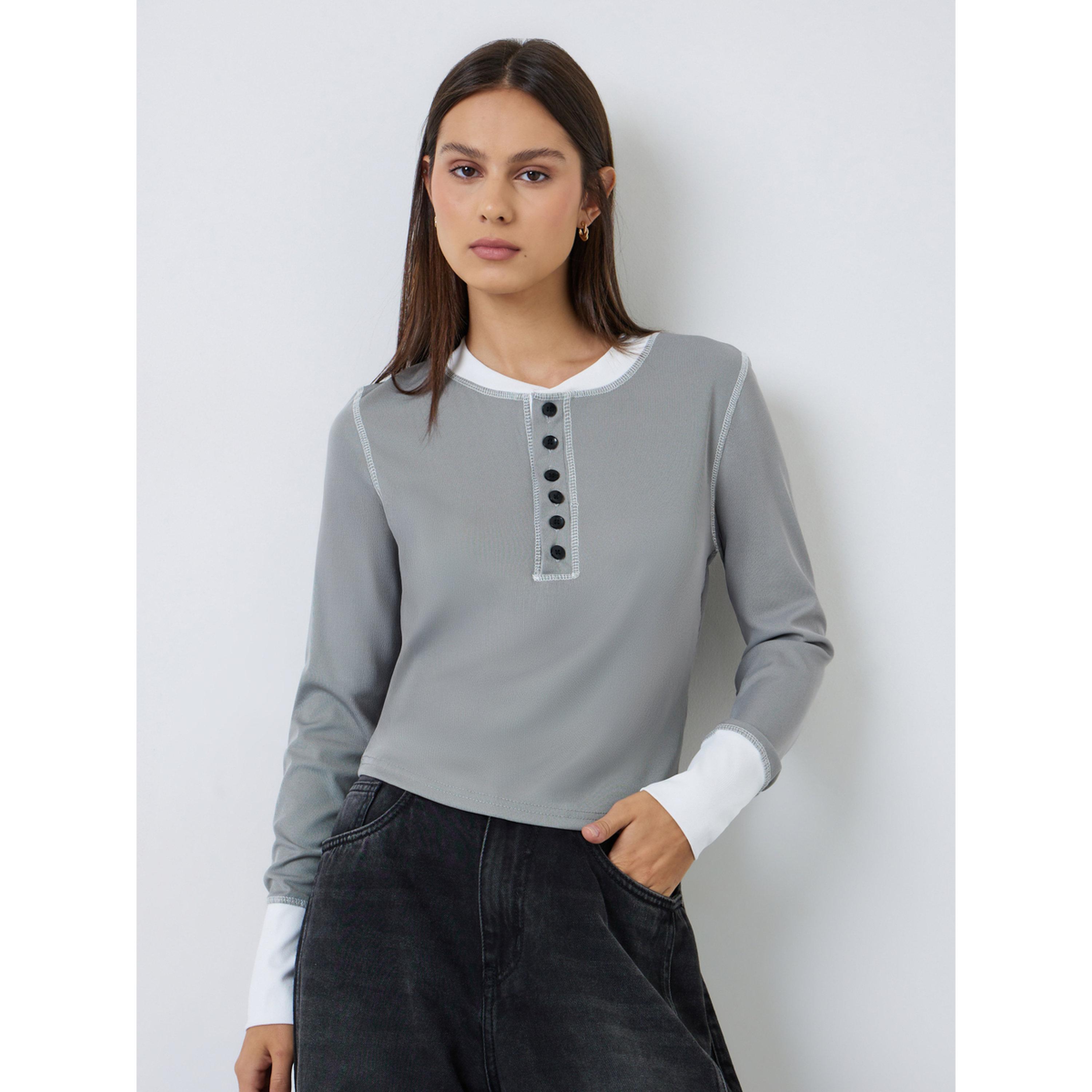 Styli Grey Ribbed Long Sleeve Henley T-Shirt-women-clothing-tshirts-image-1