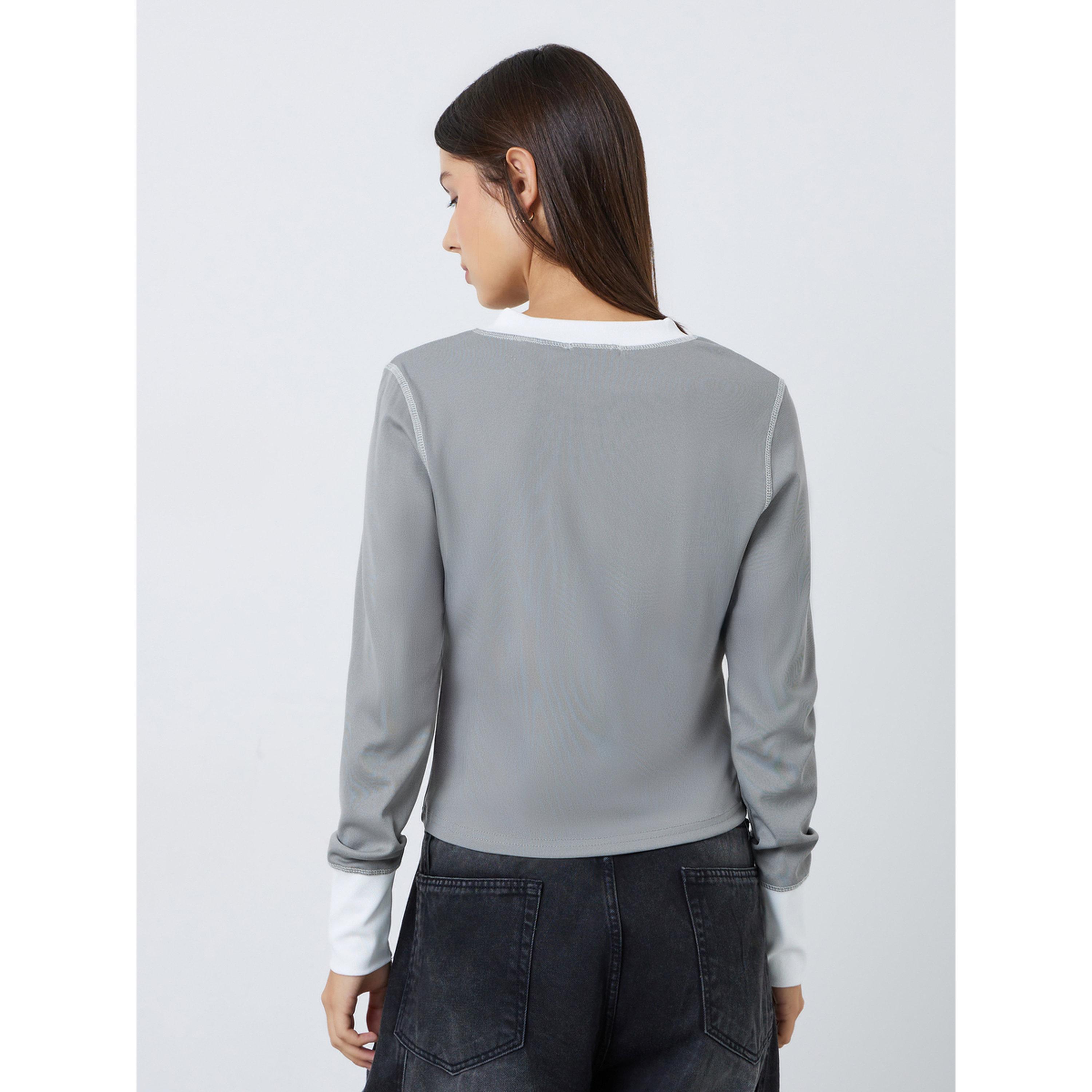 Styli Grey Ribbed Long Sleeve Henley T-Shirt-women-clothing-tshirts-image-3