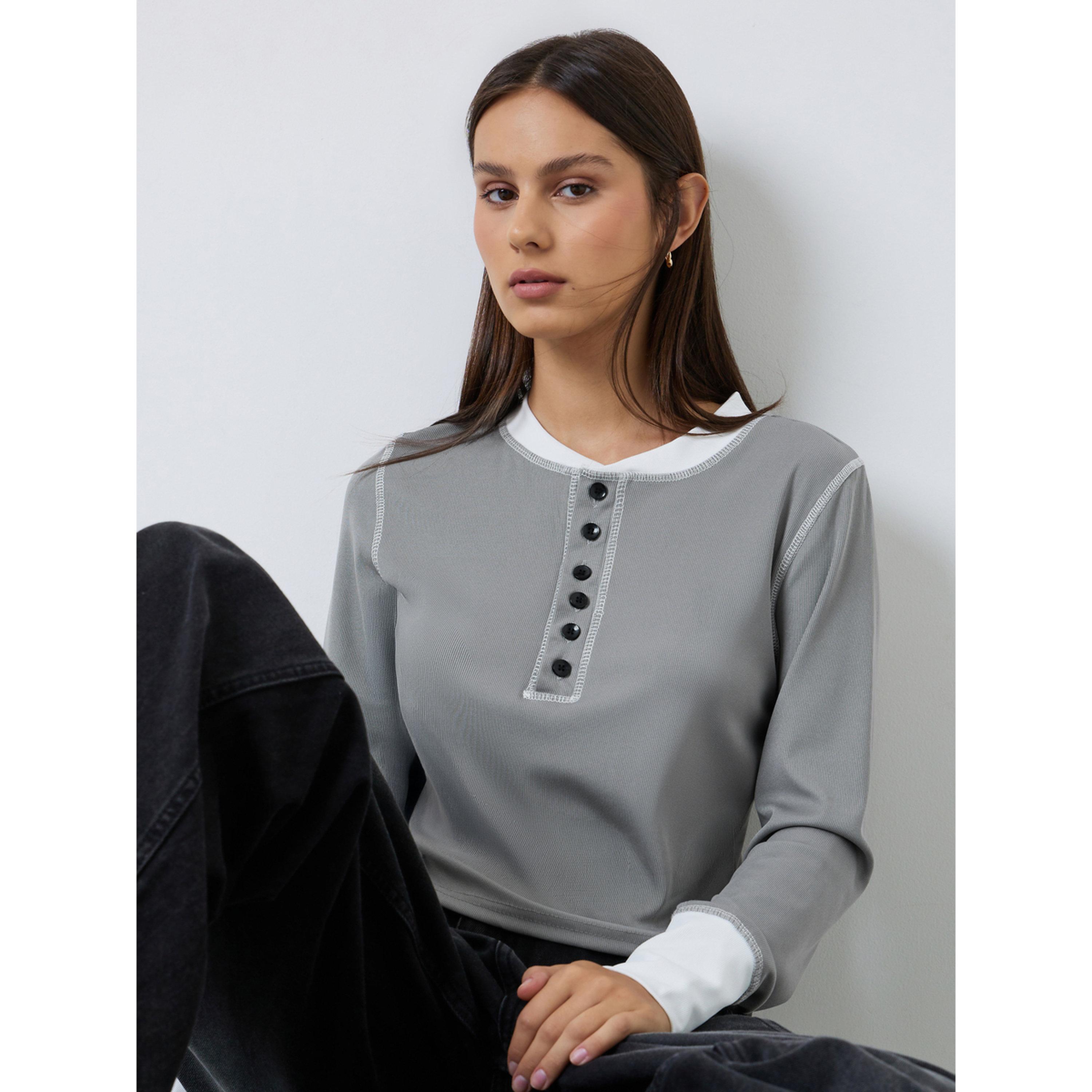 Styli Grey Ribbed Long Sleeve Henley T-Shirt-women-clothing-tshirts-image-4