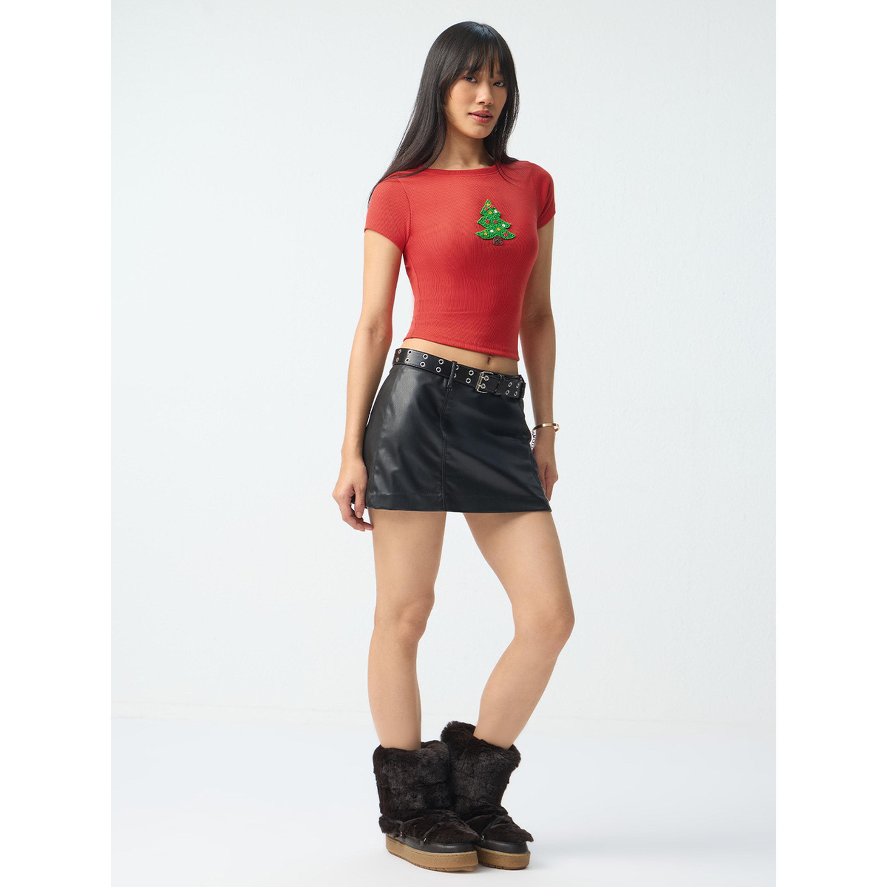 The Souled Store X Styli Red Embroidered Christmas Tree Crop T-Shirt-women-clothing-tshirts-image-2