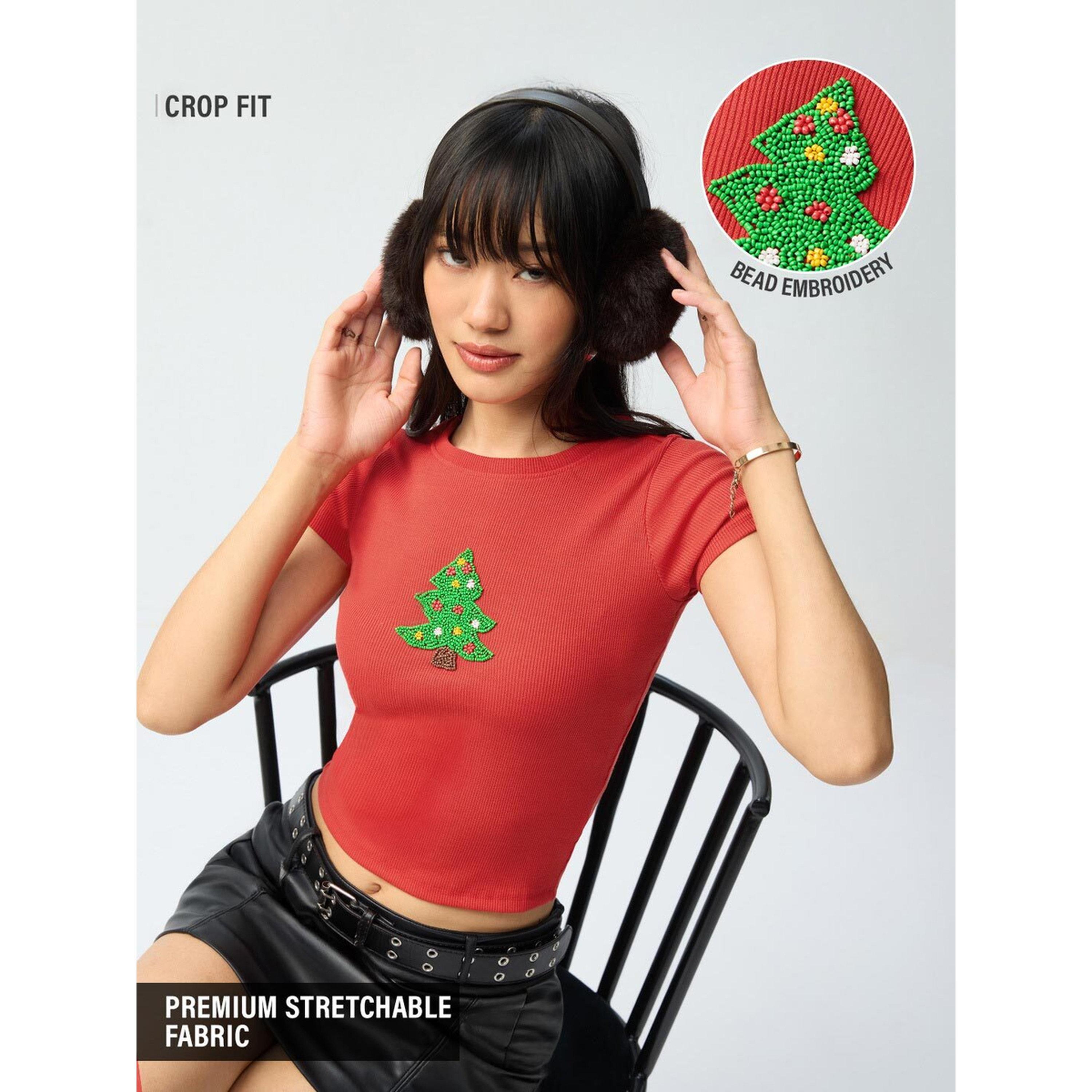 The Souled Store X Styli Red Embroidered Christmas Tree Crop T-Shirt-women-clothing-tshirts-image-4