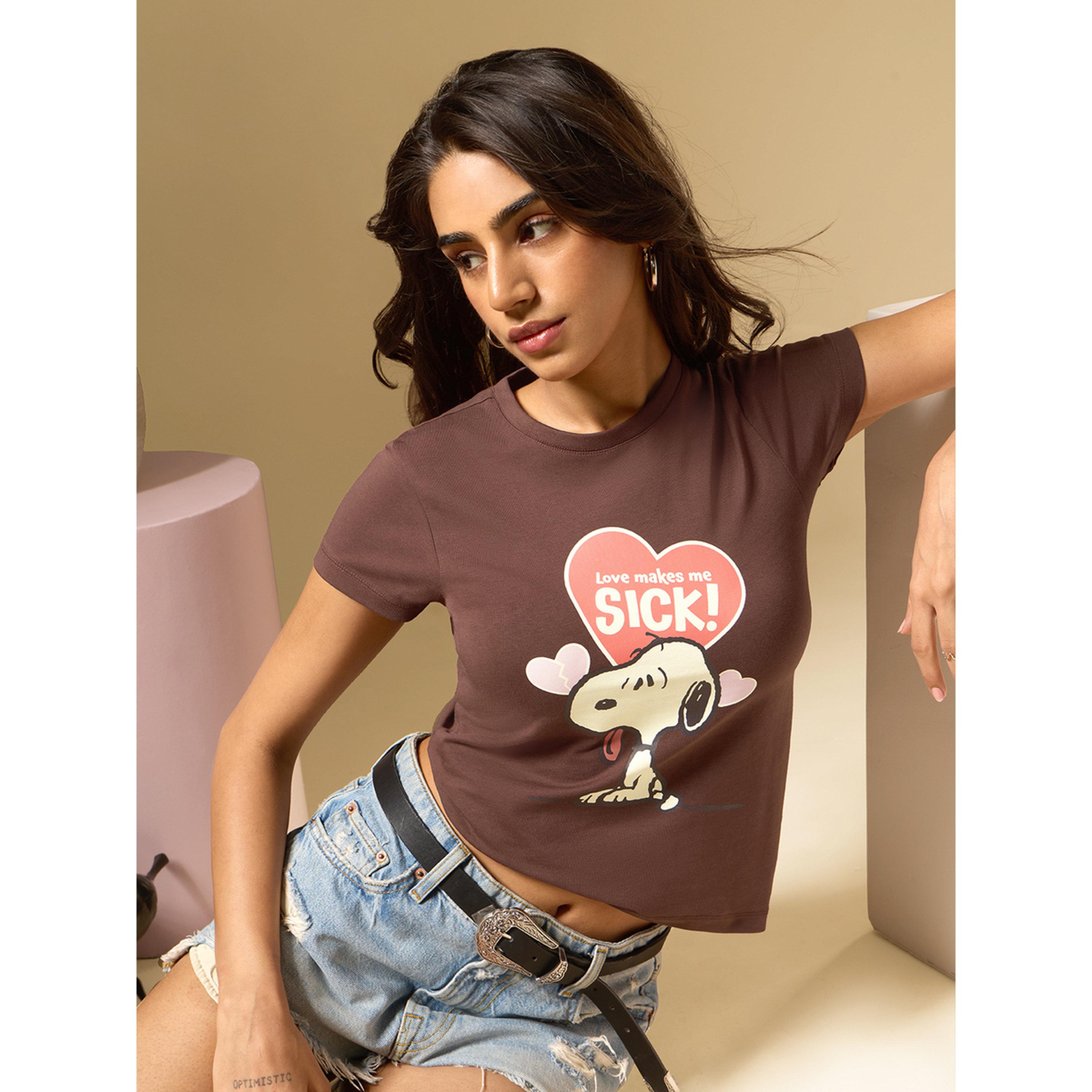 The Souled Store X Styli Brown Peanuts Graphic Print Slim Fit T-Shirt-women-clothing-tshirts-image-3