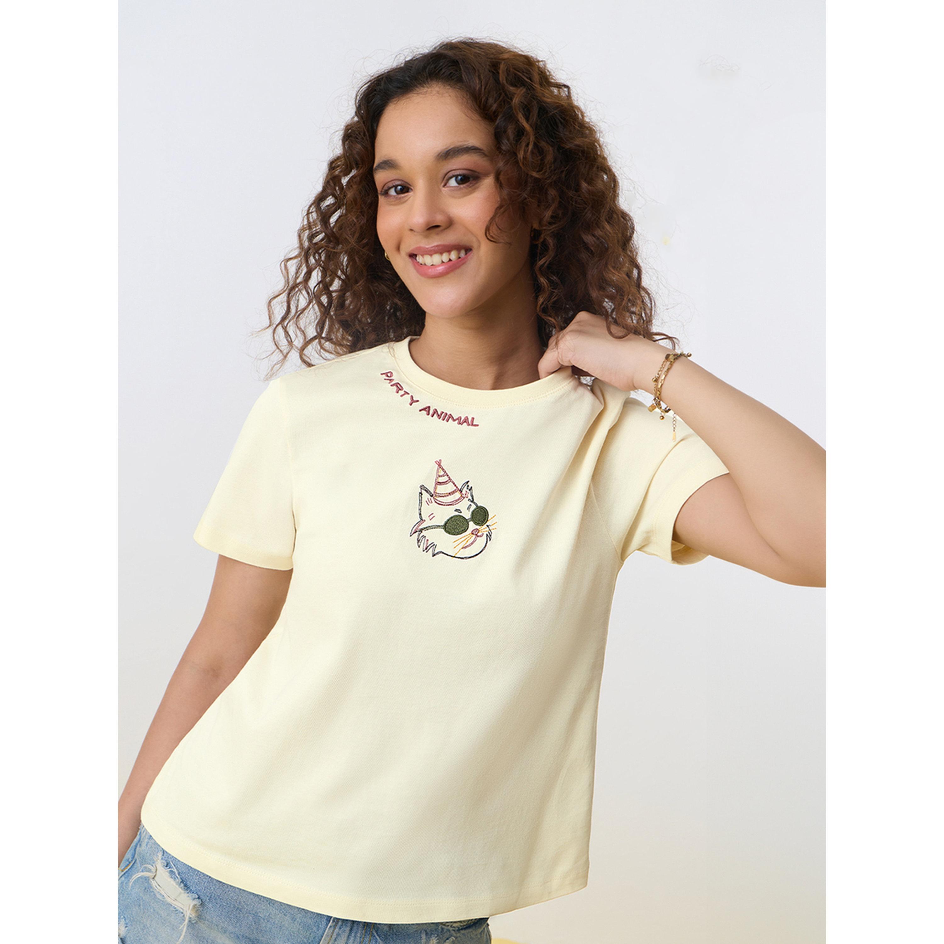 The Souled Store X Styli Yellow Embroidered Round Neck Cotton T-Shirt-women-clothing-tshirts-image-1