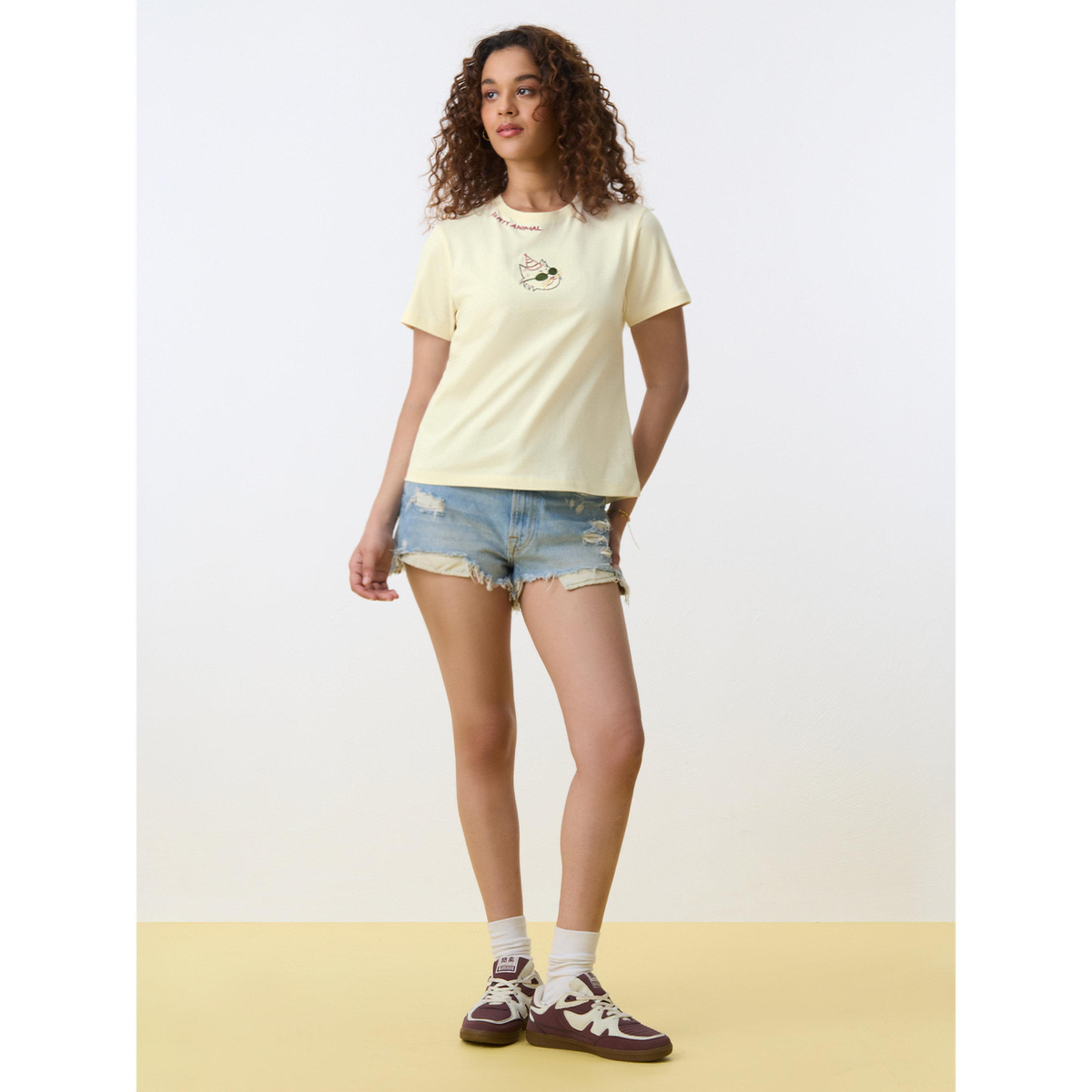 The Souled Store X Styli Yellow Embroidered Round Neck Cotton T-Shirt-women-clothing-tshirts-image-2