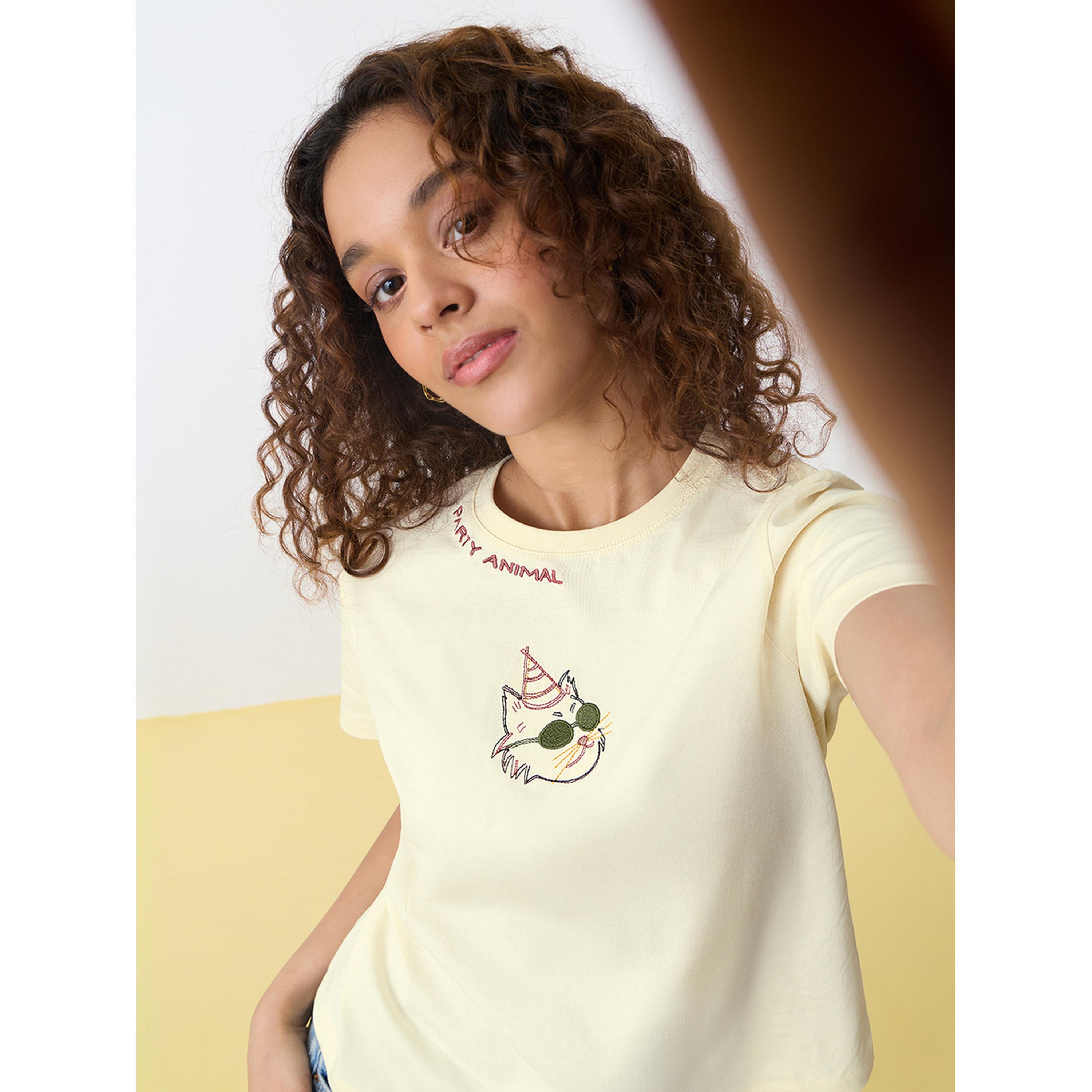 The Souled Store X Styli Yellow Embroidered Round Neck Cotton T-Shirt-women-clothing-tshirts-image-3