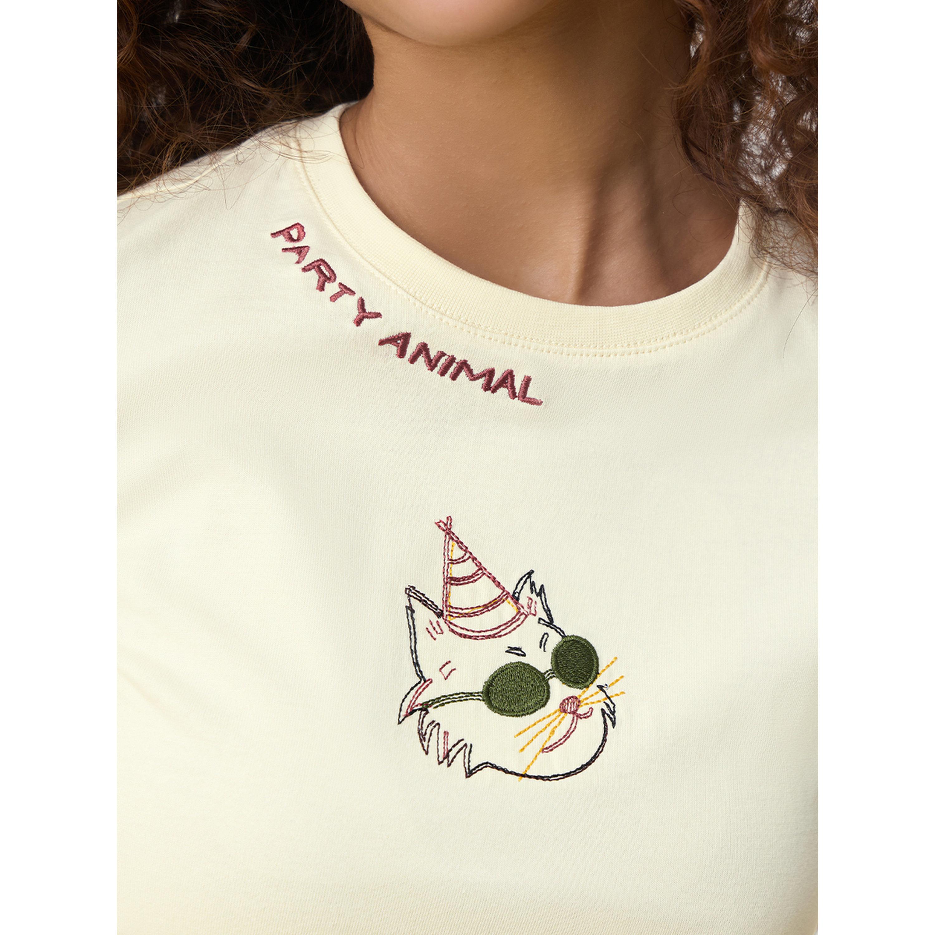 The Souled Store X Styli Yellow Embroidered Round Neck Cotton T-Shirt-women-clothing-tshirts-image-5