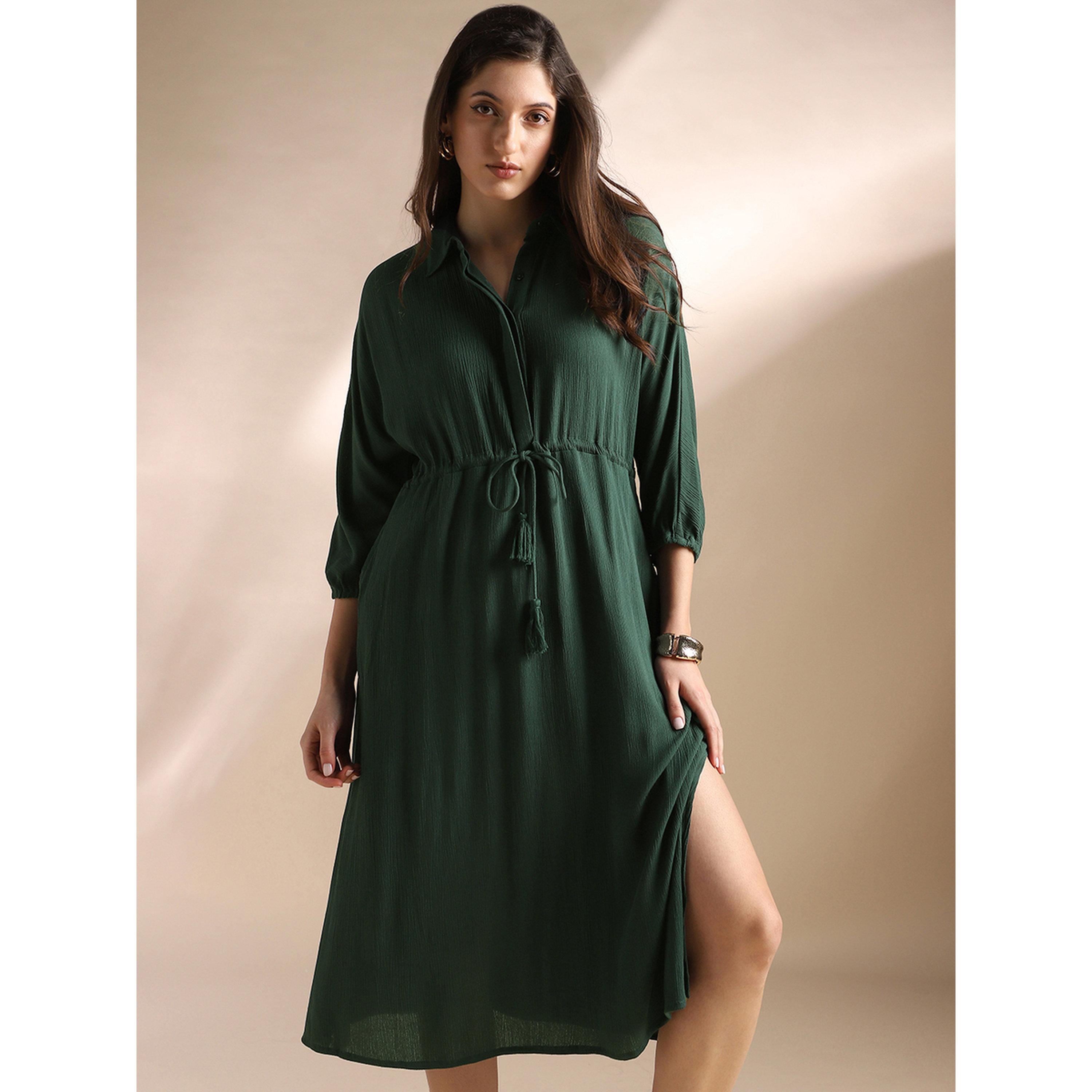Globus X Styli Green Textured A-Line Midi Dress with 3/4 Sleeves and Drawstring Waist-women-clothing-dresses-image-1
