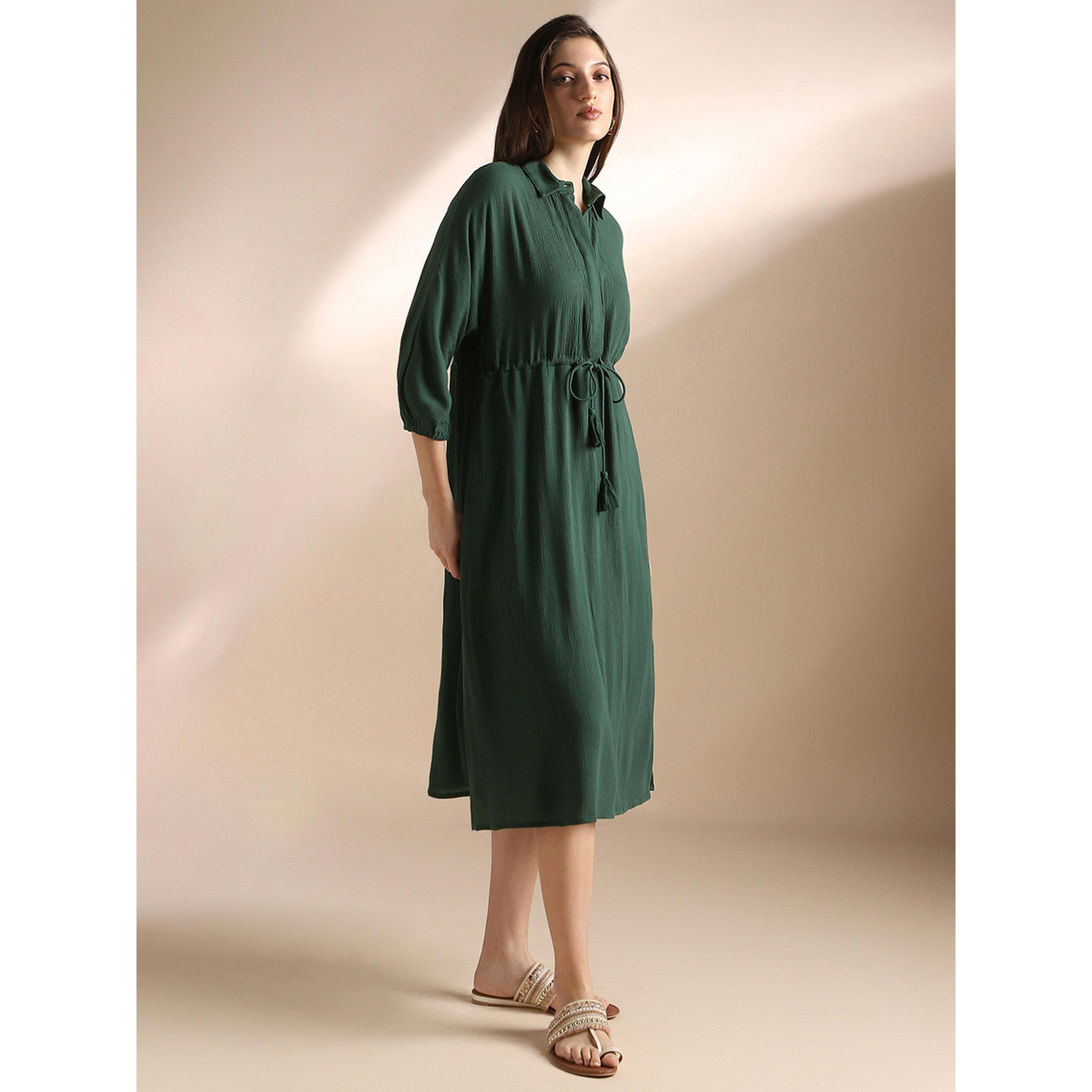 Globus X Styli Green Textured A-Line Midi Dress with 3/4 Sleeves and Drawstring Waist-women-clothing-dresses-image-2