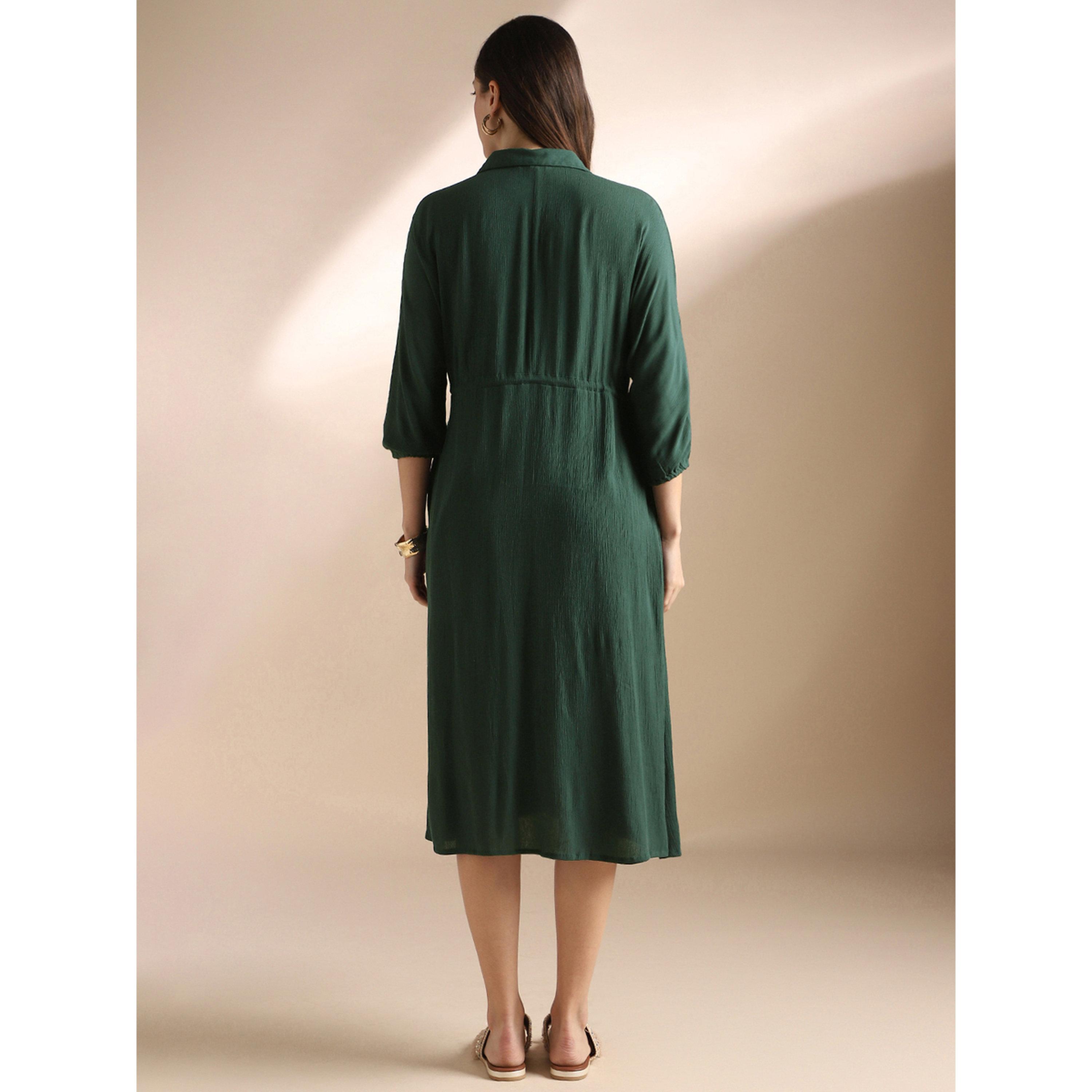Globus X Styli Green Textured A-Line Midi Dress with 3/4 Sleeves and Drawstring Waist-women-clothing-dresses-image-3