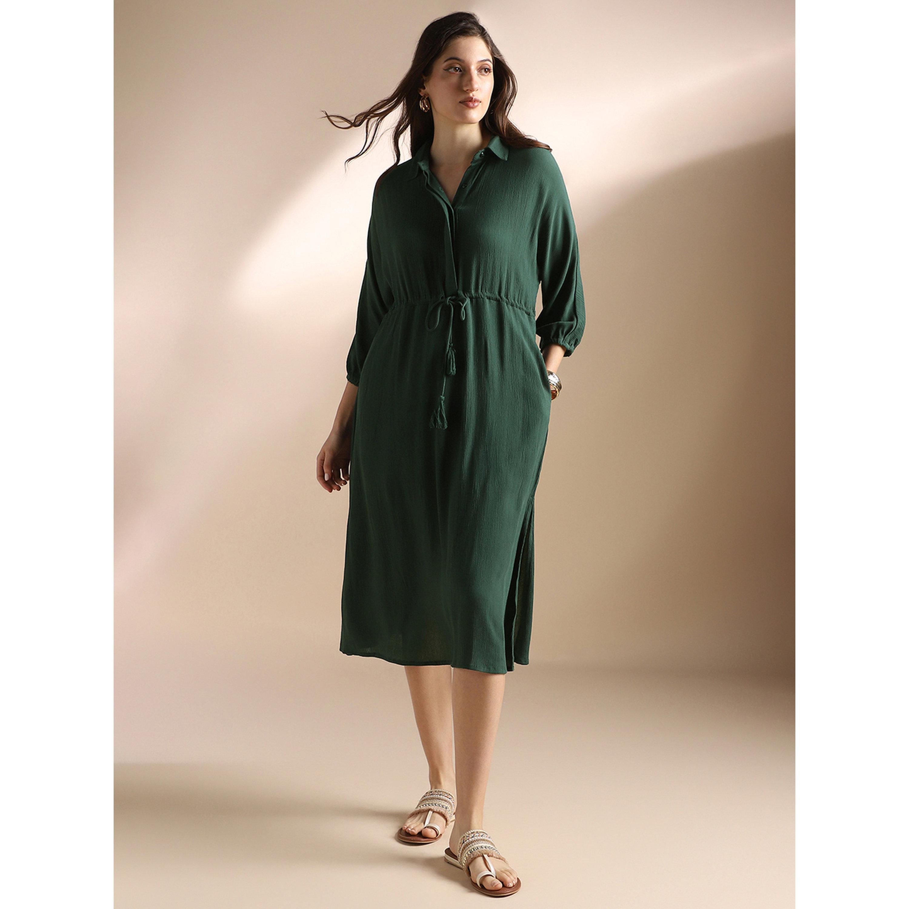 Globus X Styli Green Textured A-Line Midi Dress with 3/4 Sleeves and Drawstring Waist-women-clothing-dresses-image-4