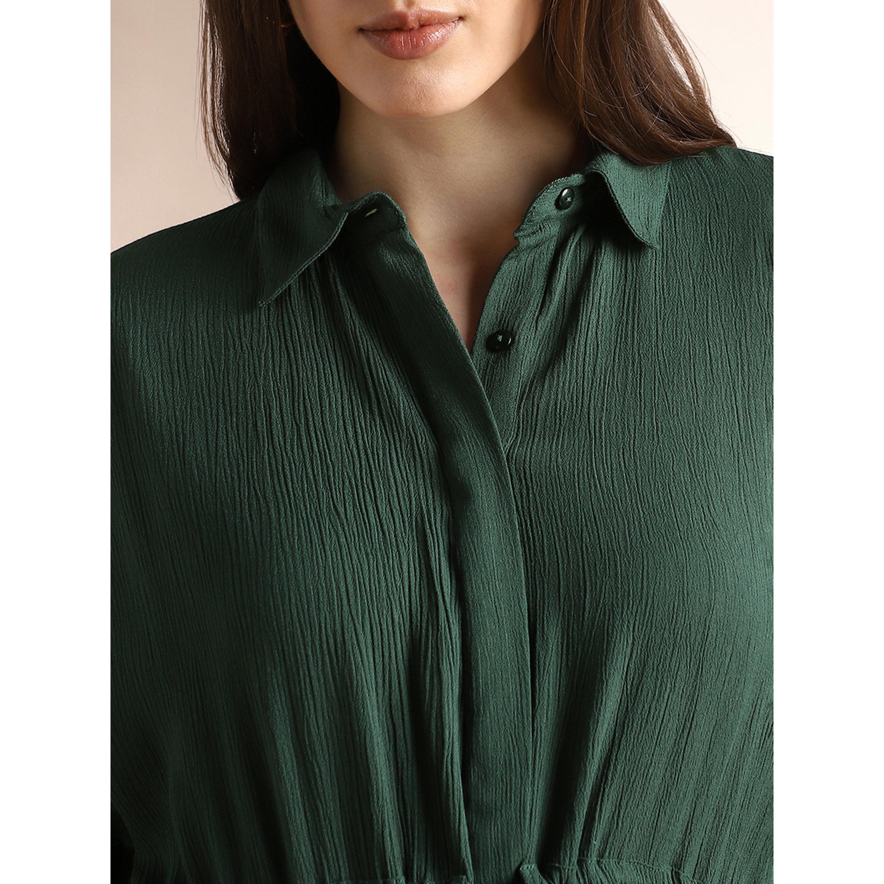 Globus X Styli Green Textured A-Line Midi Dress with 3/4 Sleeves and Drawstring Waist-women-clothing-dresses-image-5