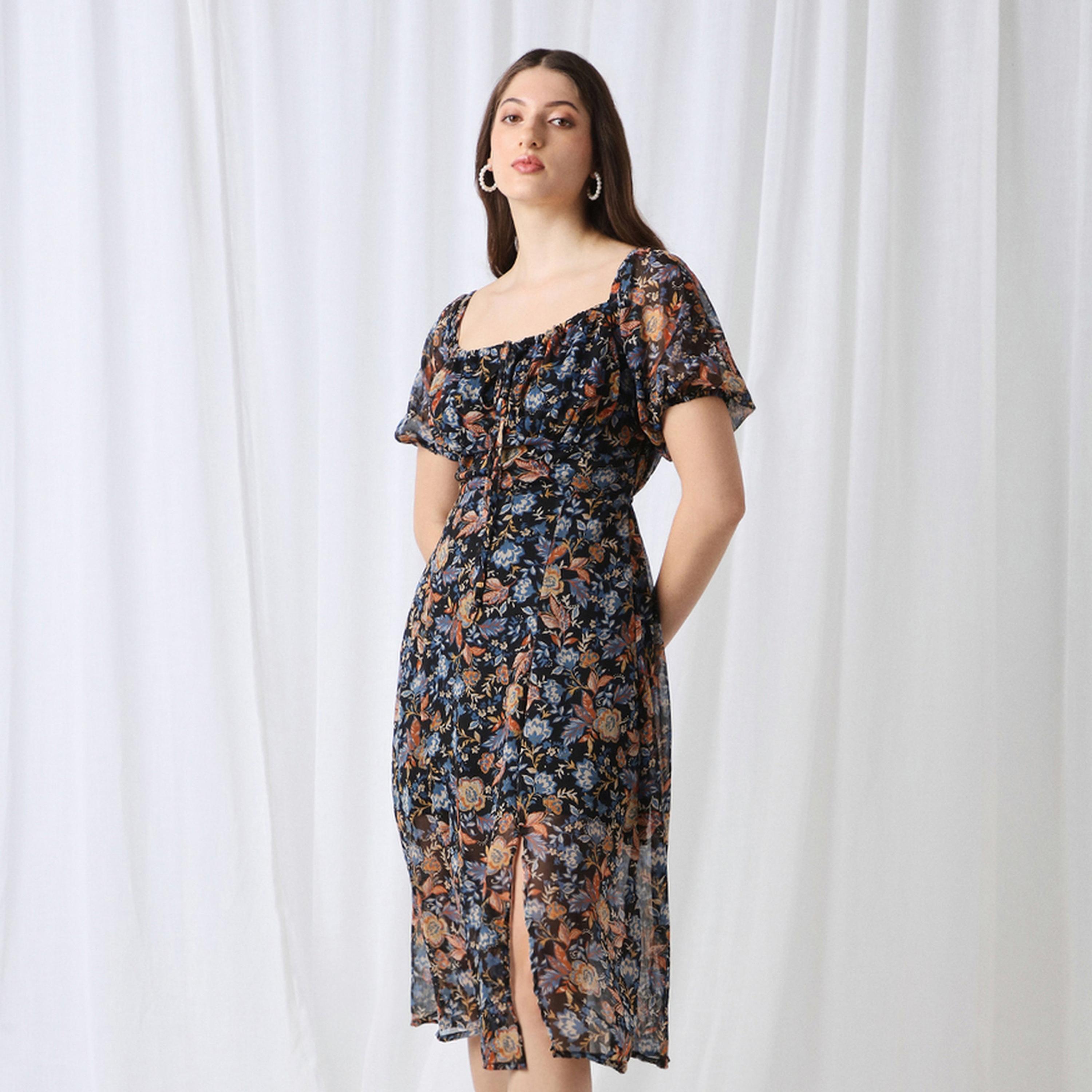 فستان ميدي بحافة واسعة وطبعة زهور وأكمام منفوخة-women-clothing-dresses-image-1