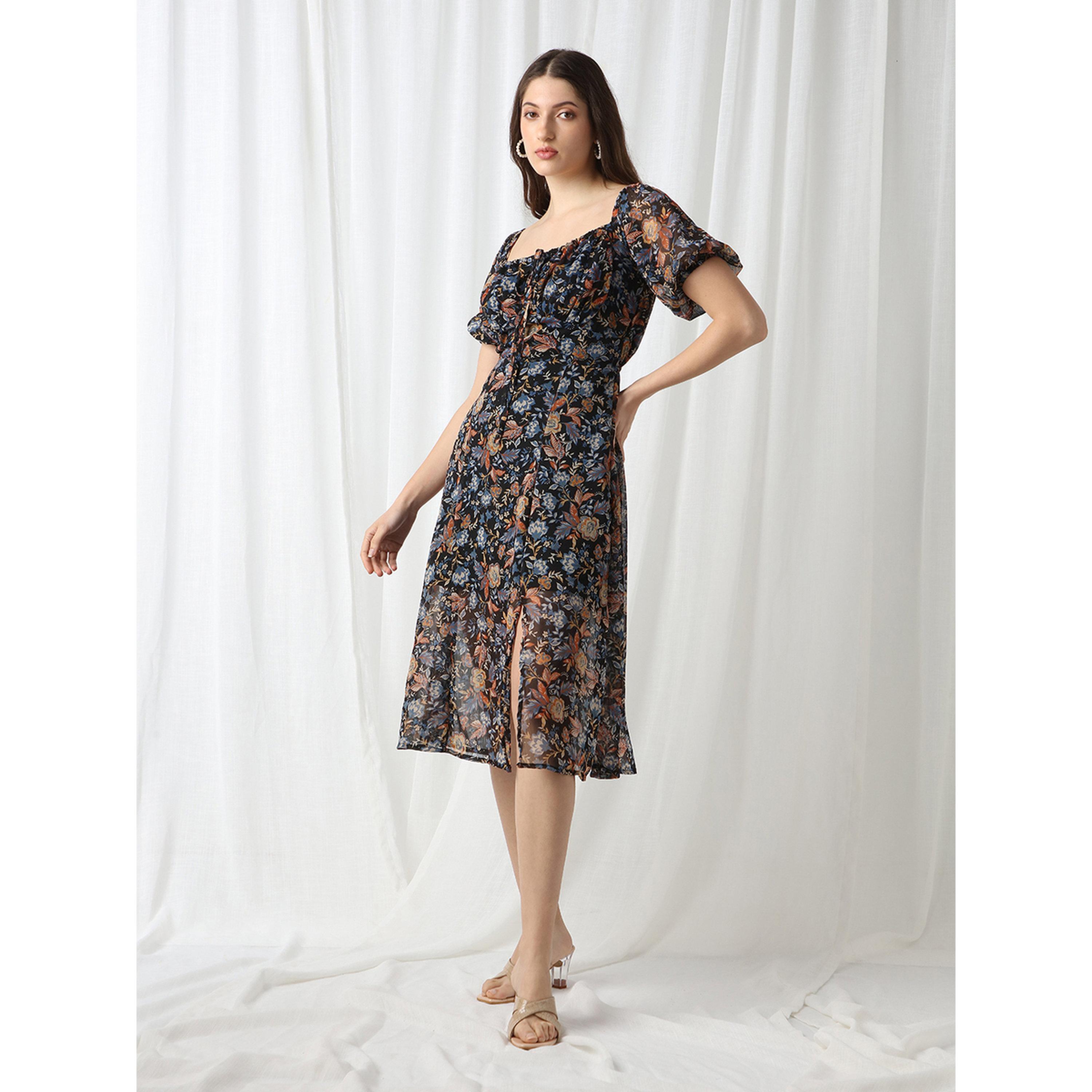 فستان ميدي بحافة واسعة وطبعة زهور وأكمام منفوخة-women-clothing-dresses-image-2