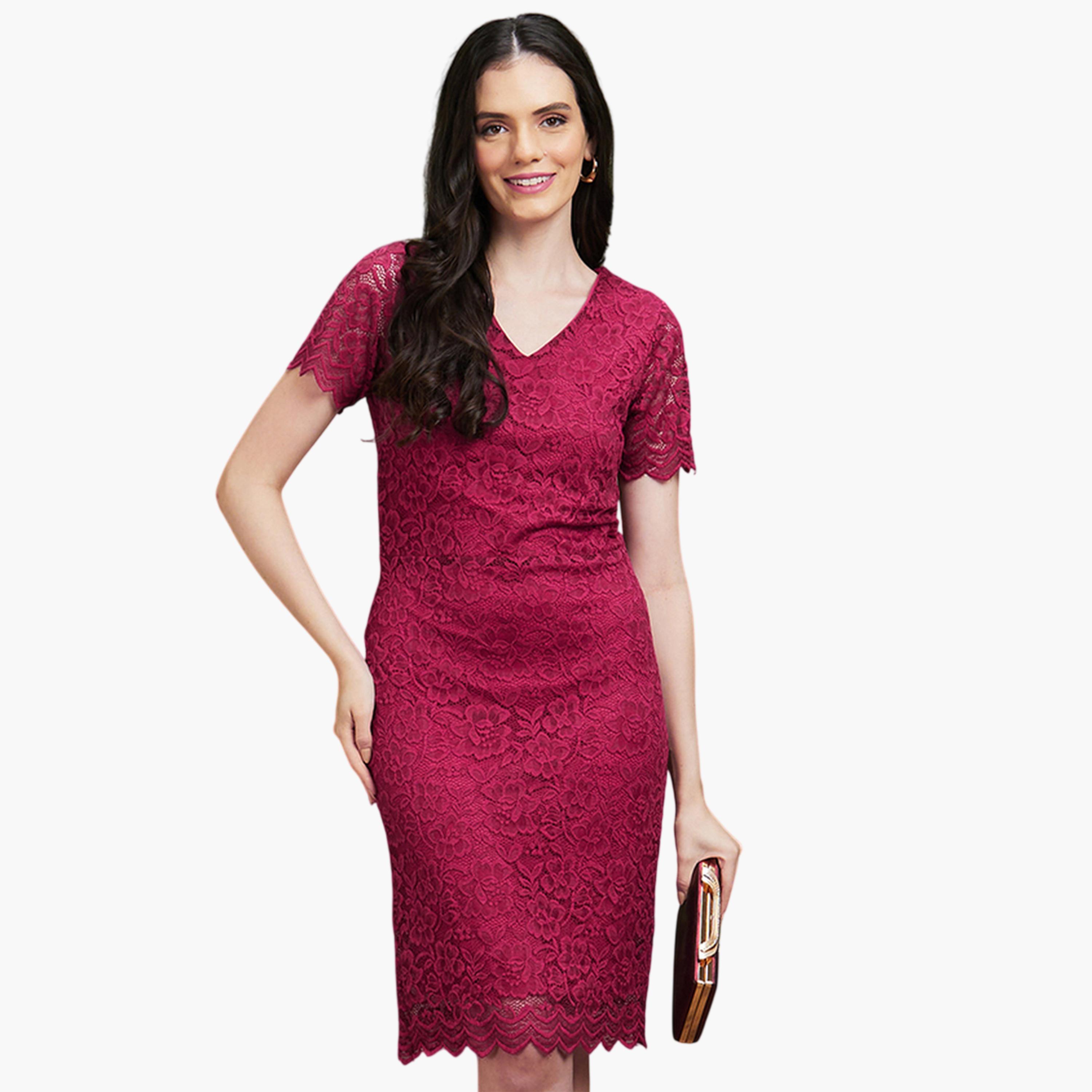 Globus X Styli Magenta Lace Sheath Knee-Length Dress with Short Sleeves - Perfect for Daytime-women-clothing-dresses-image-1