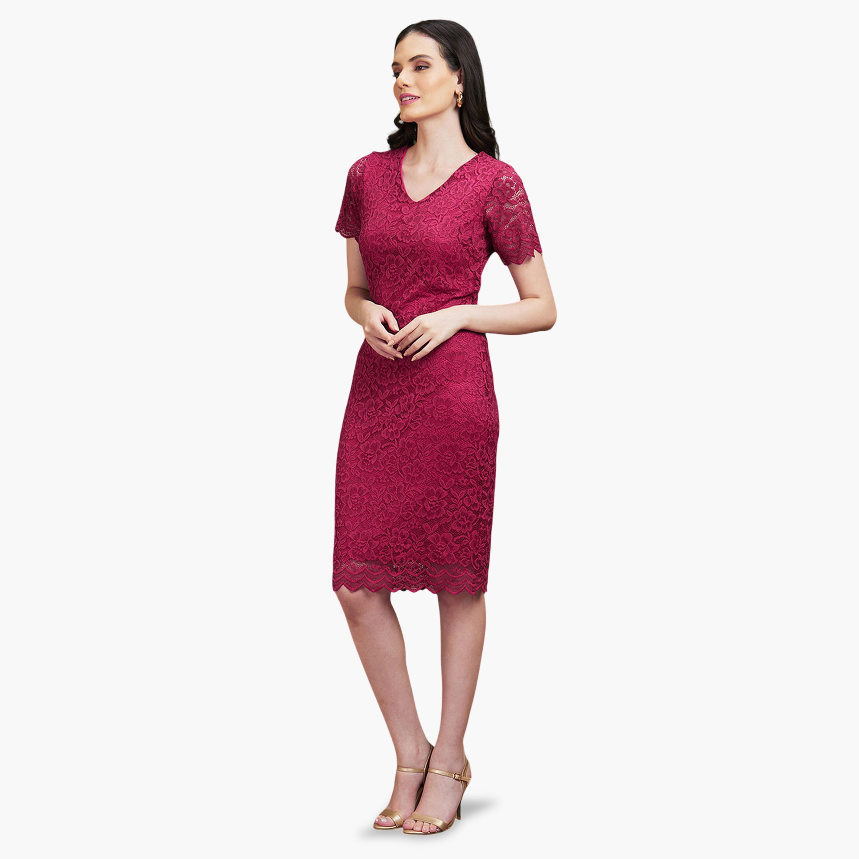 فستان حتى الركبة دانتيل بقصة مستقيمة وأكمام قصيرة-women-clothing-dresses-image-2