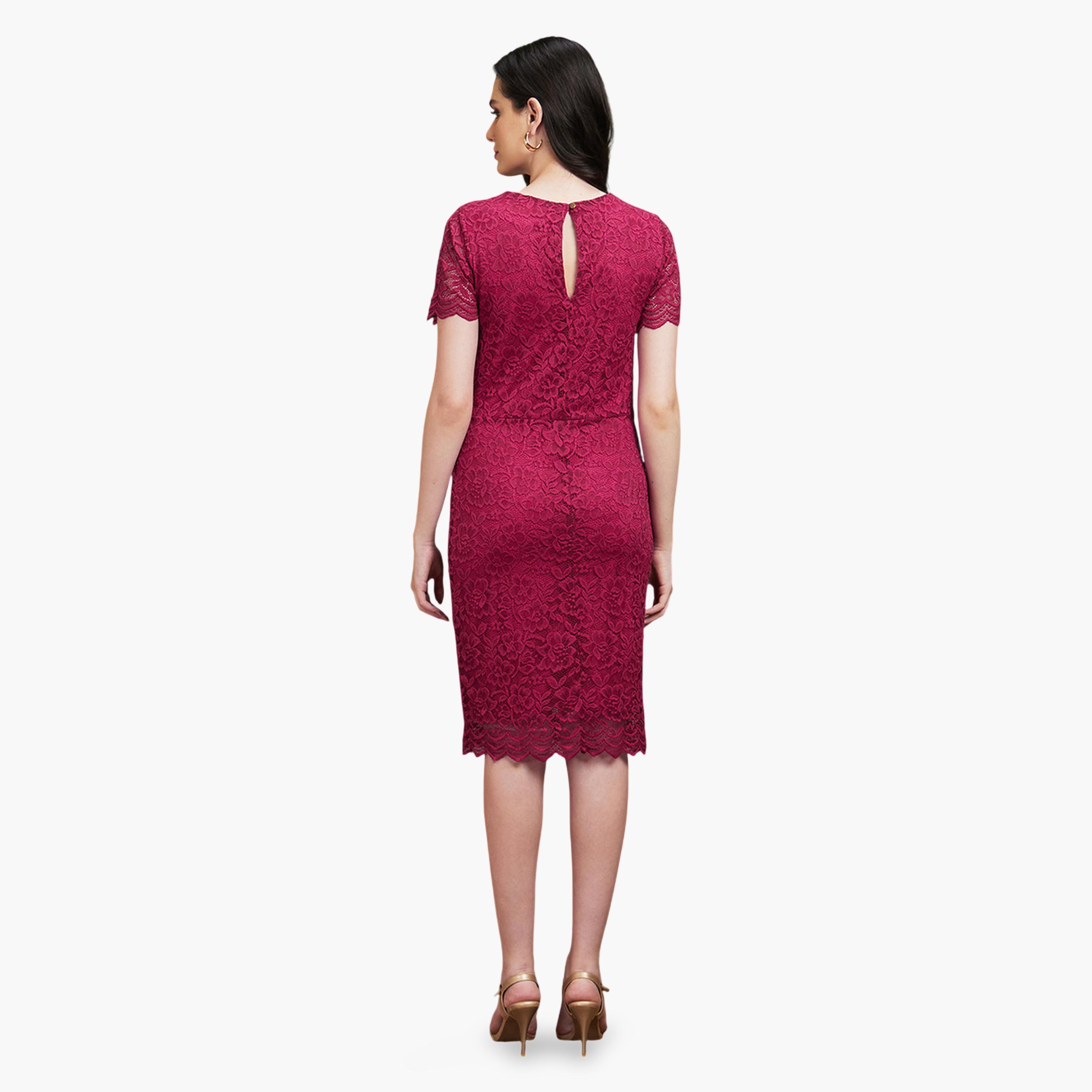 Globus X Styli Magenta Lace Sheath Knee-Length Dress with Short Sleeves - Perfect for Daytime-women-clothing-dresses-image-3