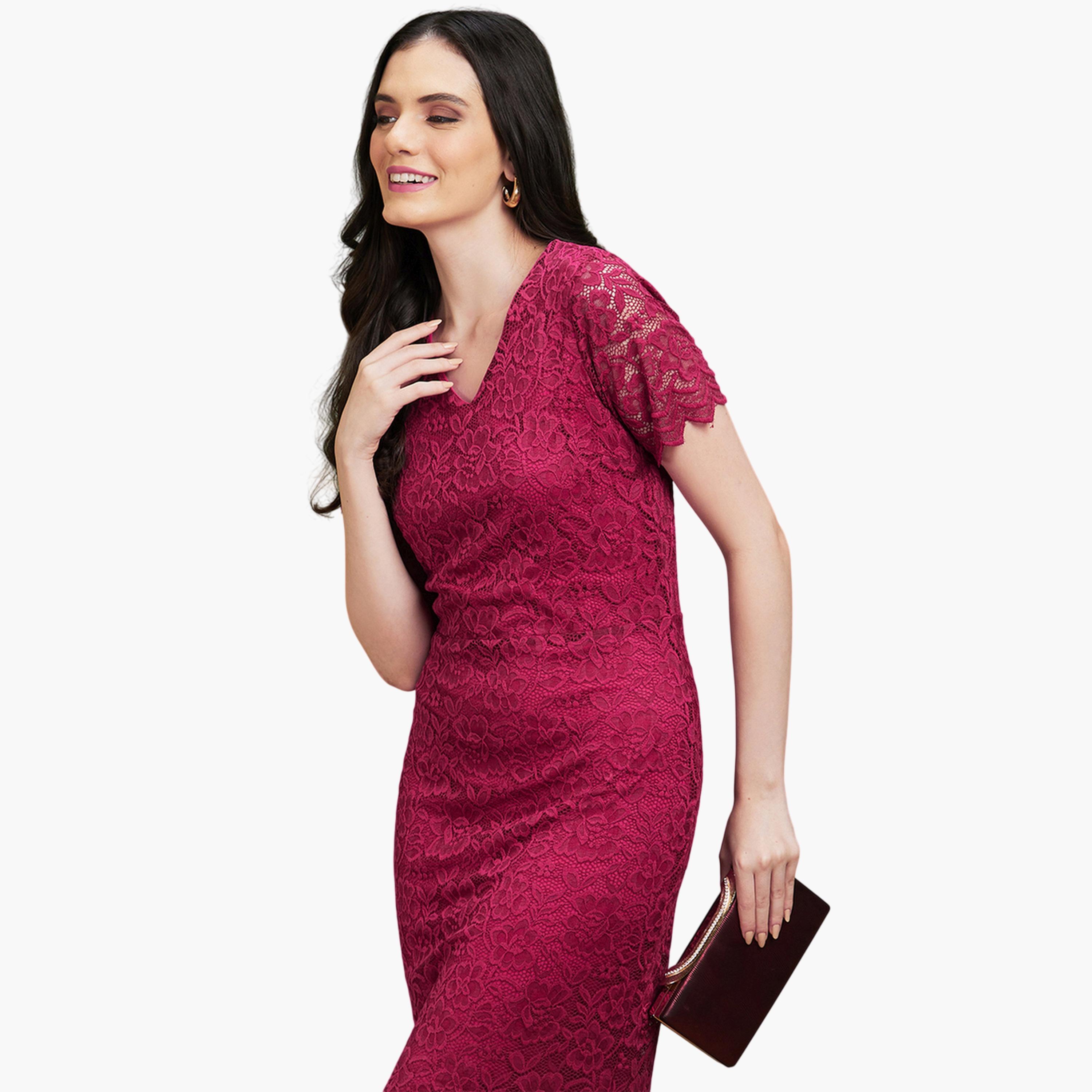 فستان حتى الركبة دانتيل بقصة مستقيمة وأكمام قصيرة-women-clothing-dresses-image-4