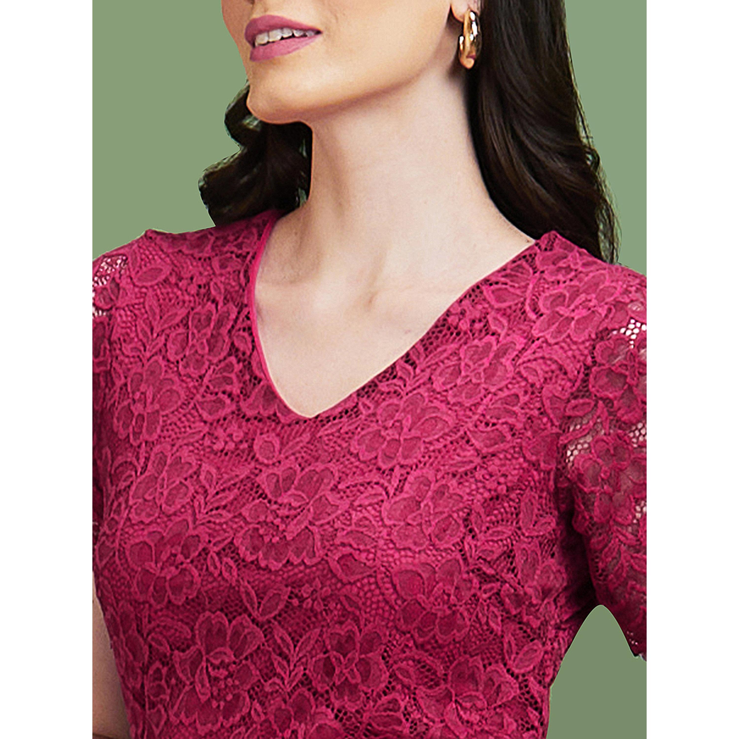 Globus X Styli Magenta Lace Sheath Knee-Length Dress with Short Sleeves - Perfect for Daytime-women-clothing-dresses-image-5
