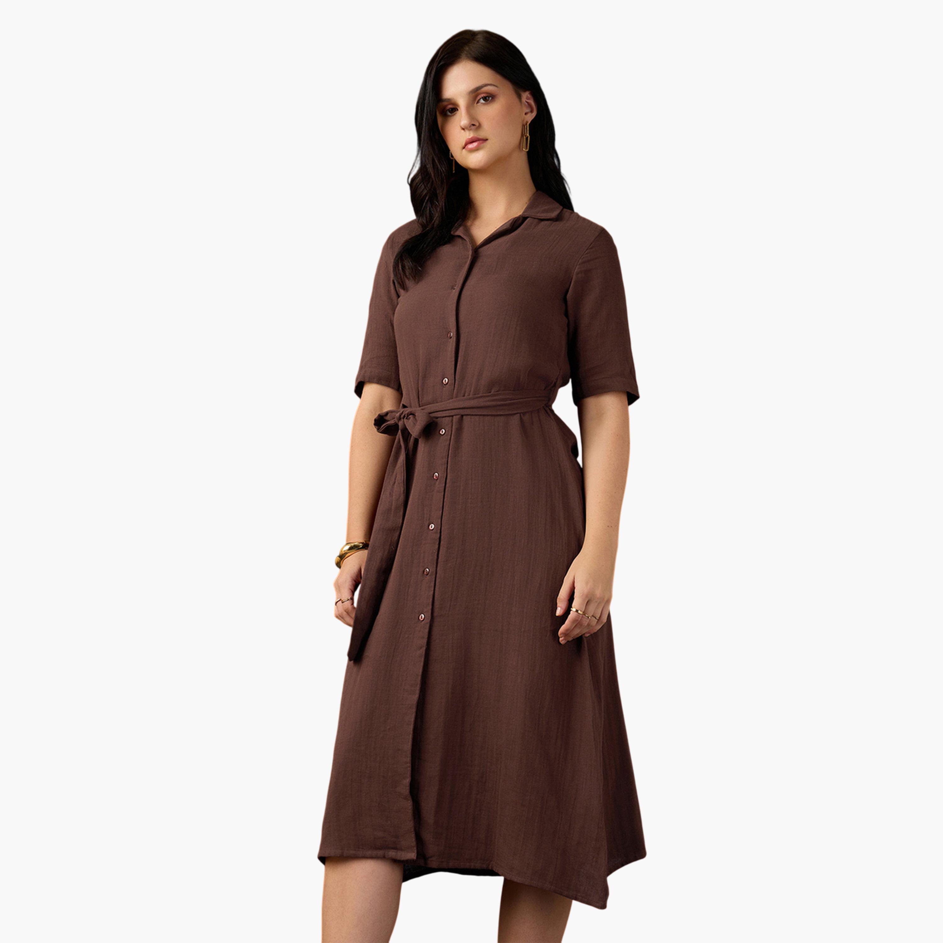 فستان ميدي بحافة واسعة بتفاصيل بارزة الملمس وأكمام قصيرة مع حزام-women-clothing-dresses-image-1