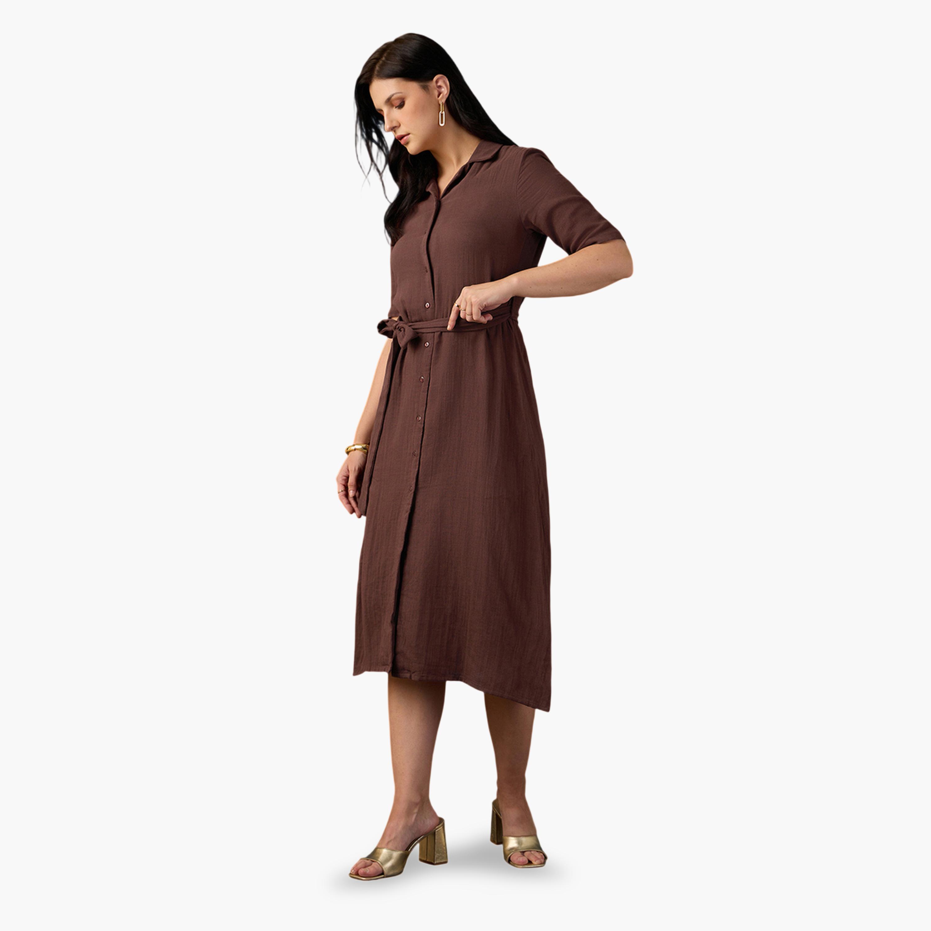 فستان ميدي بحافة واسعة بتفاصيل بارزة الملمس وأكمام قصيرة مع حزام-women-clothing-dresses-image-2