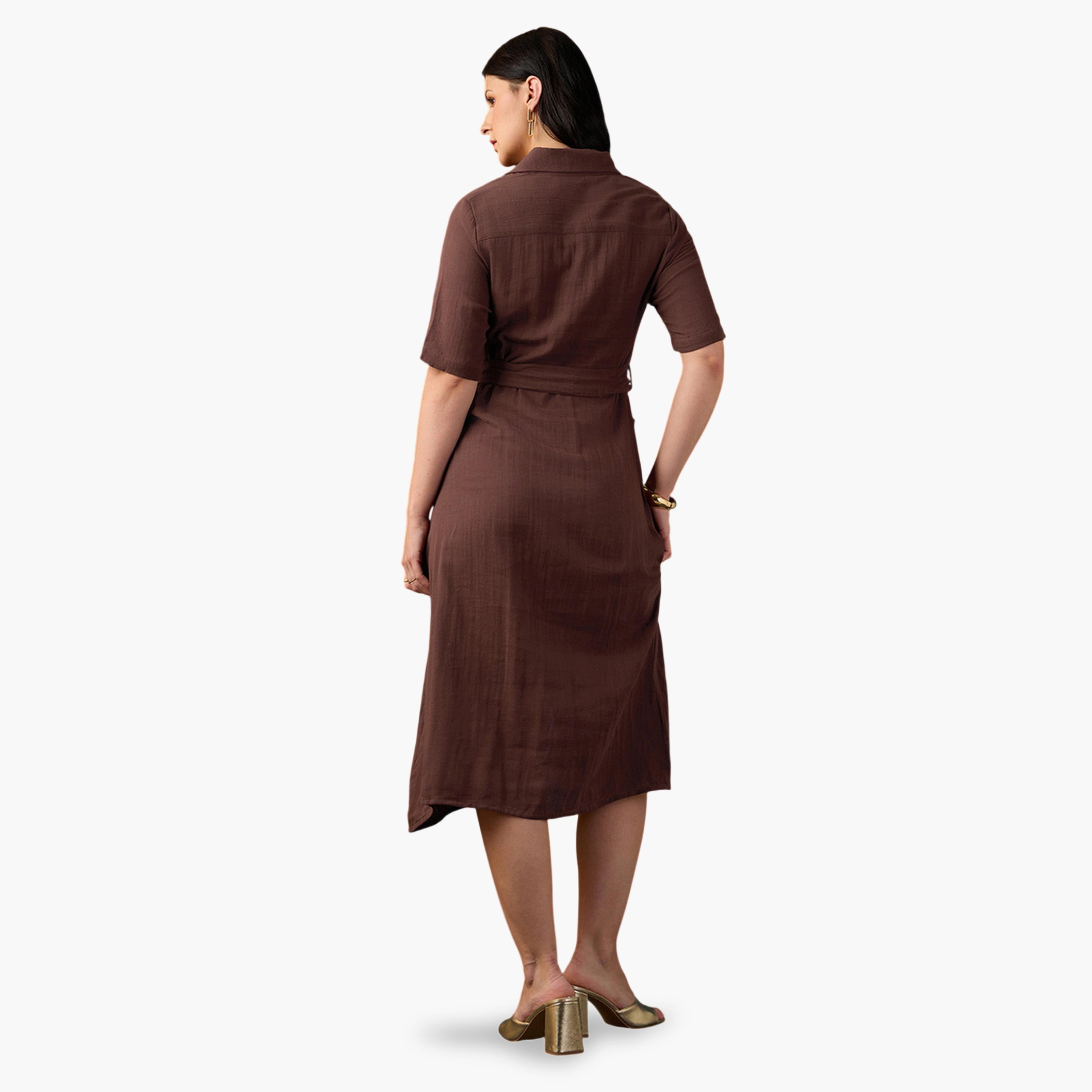 فستان ميدي بحافة واسعة بتفاصيل بارزة الملمس وأكمام قصيرة مع حزام-women-clothing-dresses-image-3
