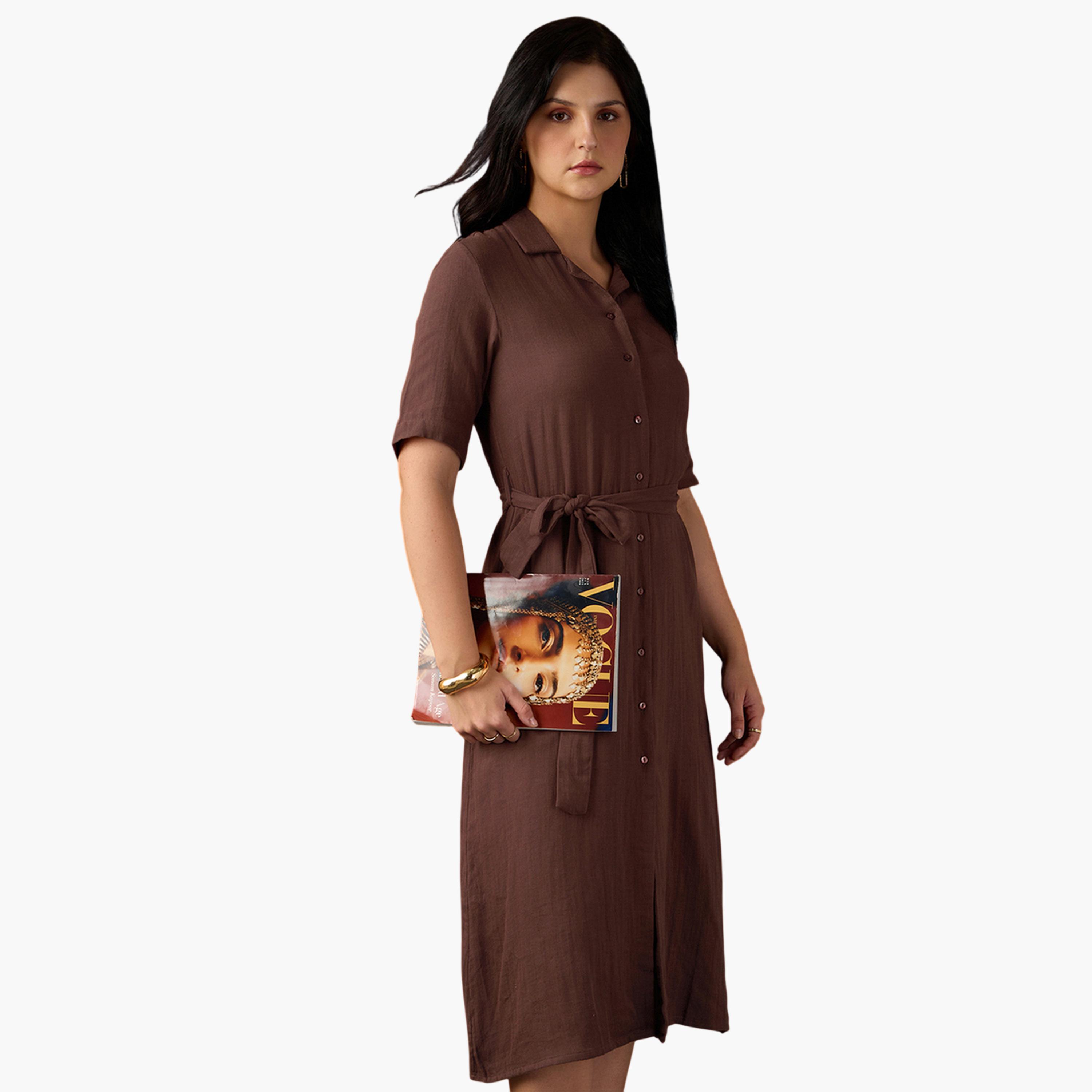 فستان ميدي بحافة واسعة بتفاصيل بارزة الملمس وأكمام قصيرة مع حزام-women-clothing-dresses-image-4