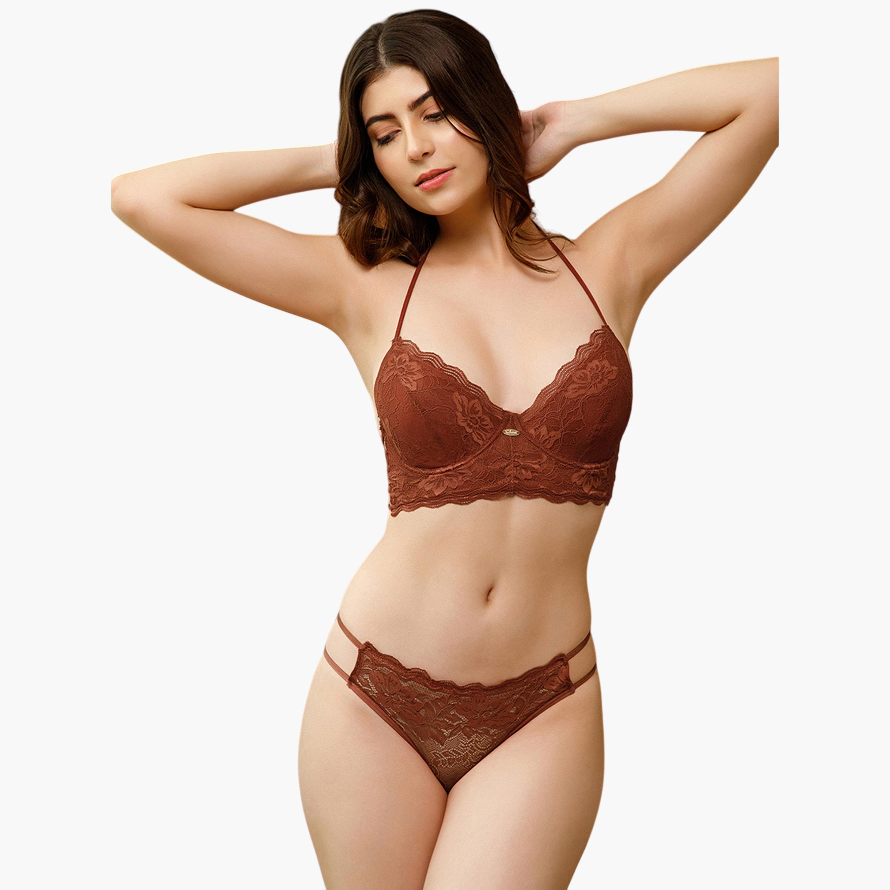 طقم منسق من سروال داخلي وصدرية بياقة هالتر وبأسلاك سفالية وبدون حشوة باللون الصدئي-women-clothing-lingerie-lingeriesets-image-1