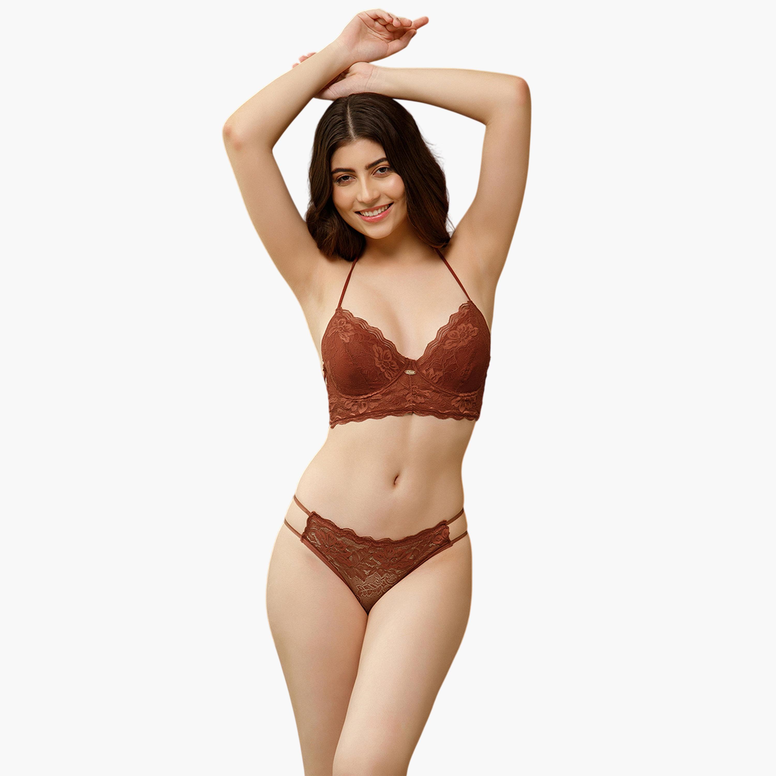طقم منسق من سروال داخلي وصدرية بياقة هالتر وبأسلاك سفالية وبدون حشوة باللون الصدئي-women-clothing-lingerie-lingeriesets-image-2