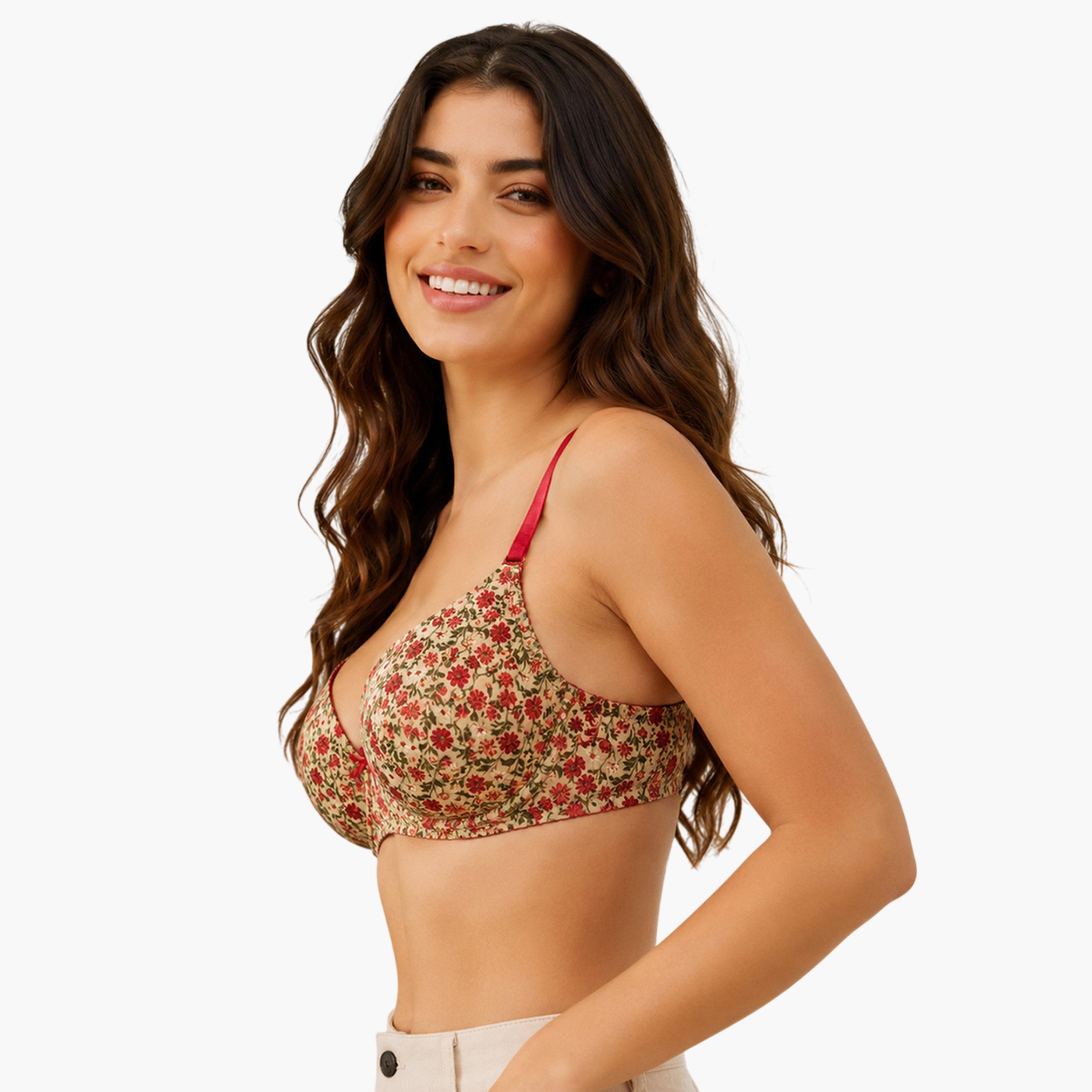 Clovia X Styli Red Floral Print Padded  Full Coverage Multiway T-shirt Bra-women-clothing-lingerie-bras-image-3