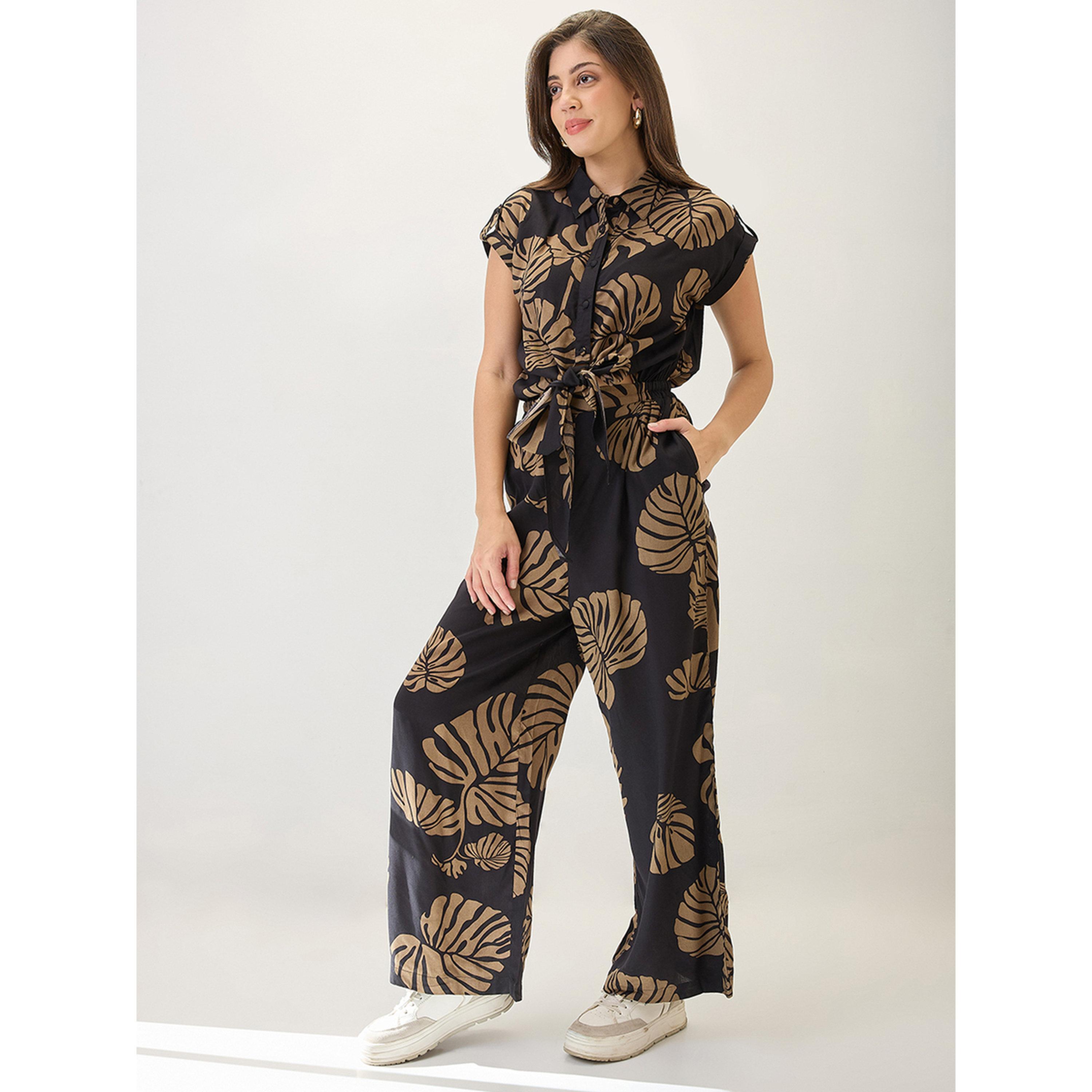 Globus X Styli Tropical Print Wide-Leg Jumpsuit in Black-women-clothing-jumpsuits-image-1