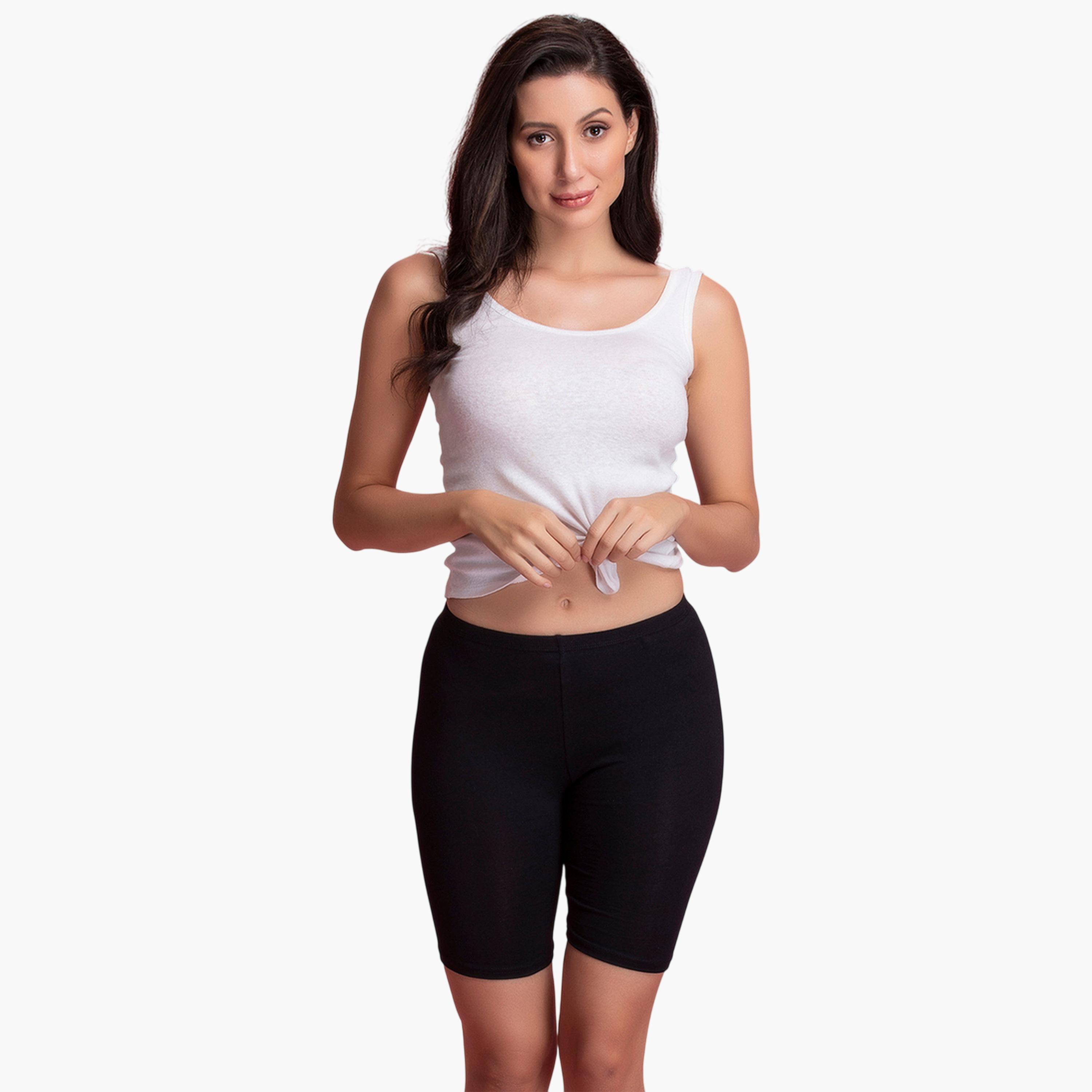 شورت لركوب الدراجات بمقاس مريح بخصر متوسط بمزيج القطن باللون الأسود-women-clothing-lingerie-shapewear-image-2