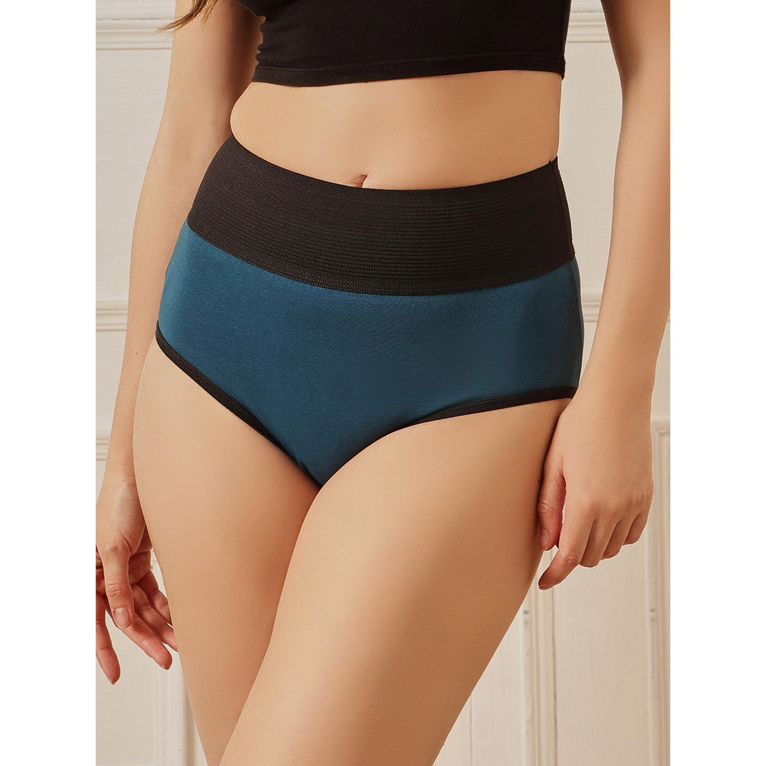 سروال داخلي هيبستر بخصر عالي وشد للبطن بمزيج القطن باللون الأزرق المائل للأخضر-women-clothing-lingerie-panties-image-1