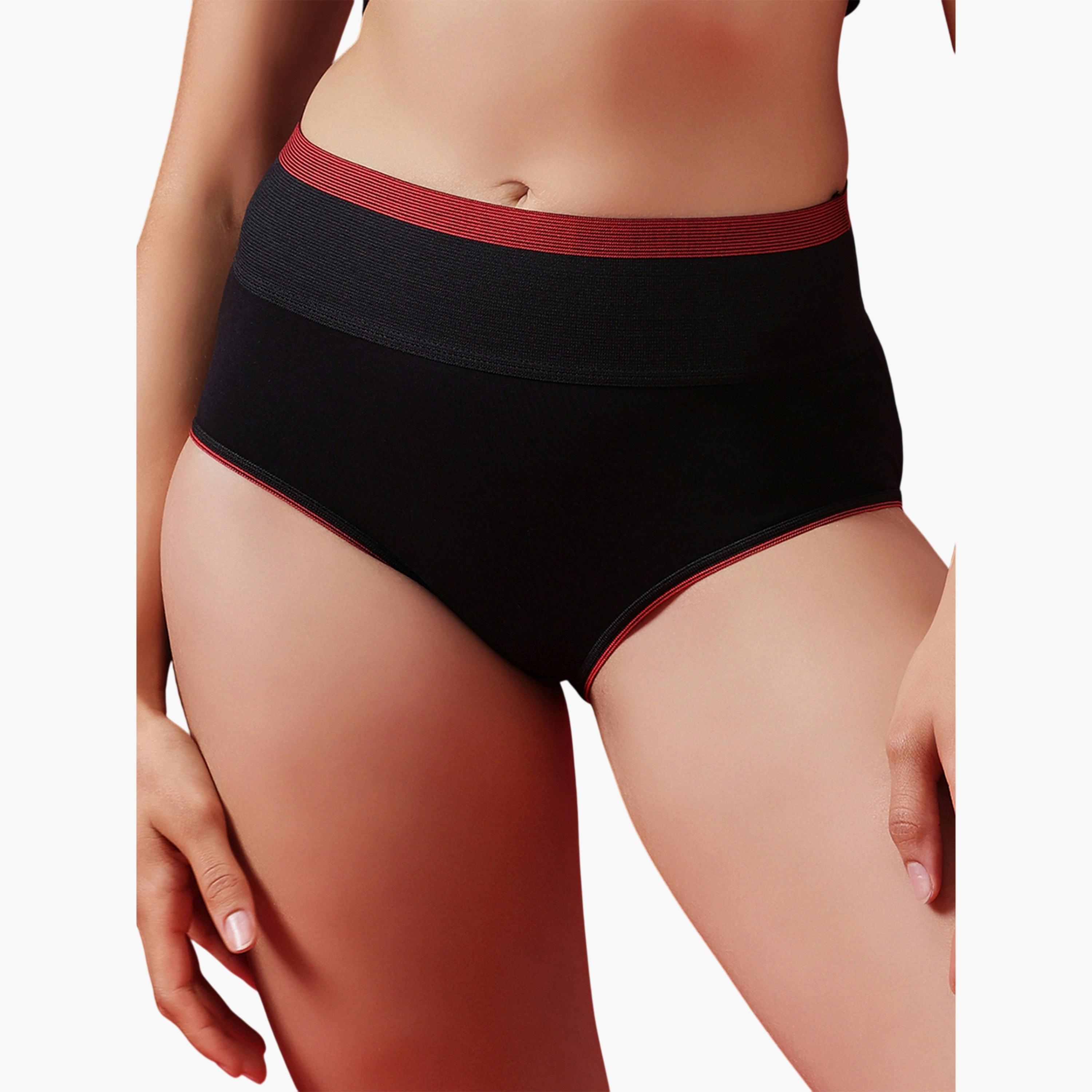 سروال داخلي هيبستر بخصر عالي وشد للبطن بمزيج القطن باللون الأسود-women-clothing-lingerie-panties-image-1