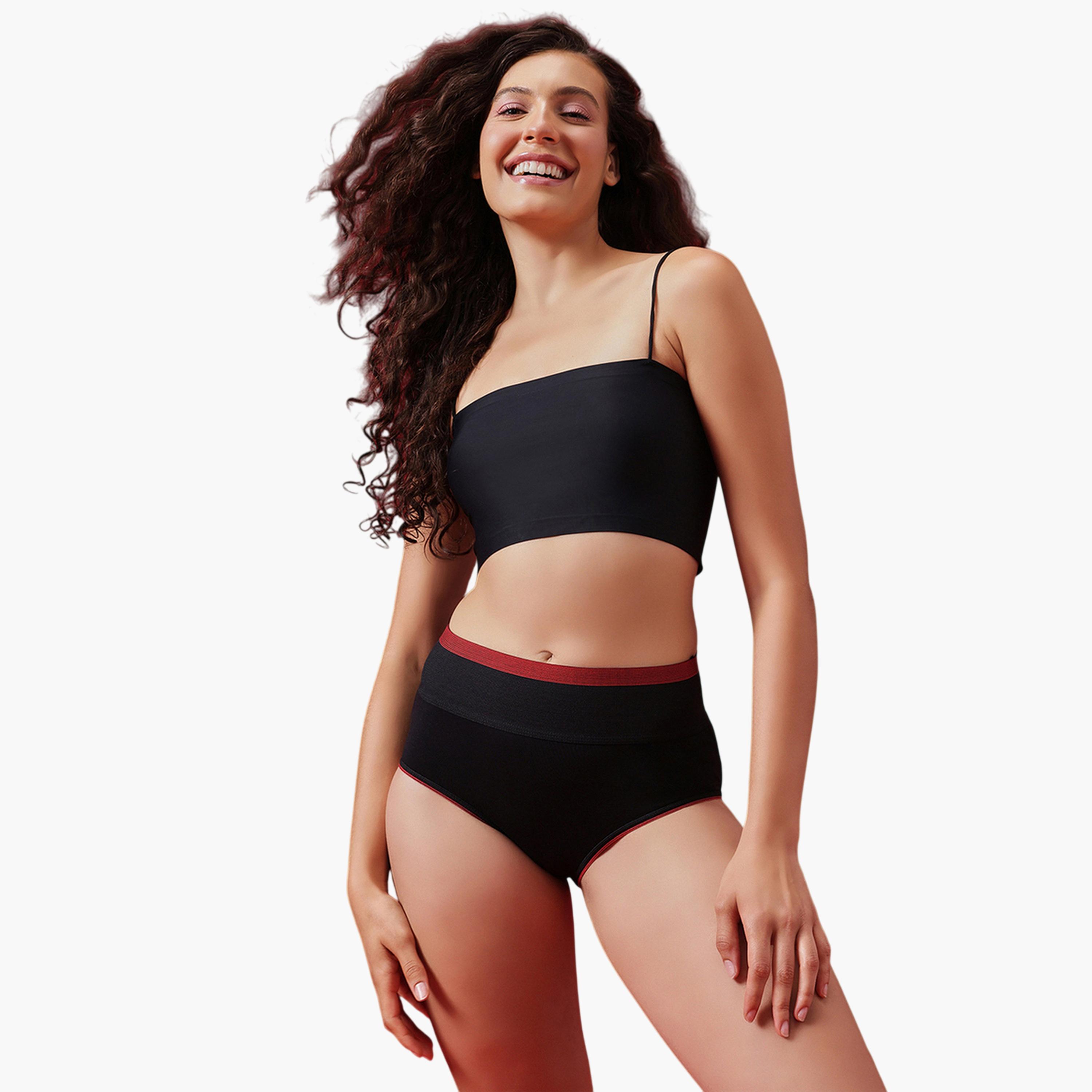 سروال داخلي هيبستر بخصر عالي وشد للبطن بمزيج القطن باللون الأسود-women-clothing-lingerie-panties-image-2