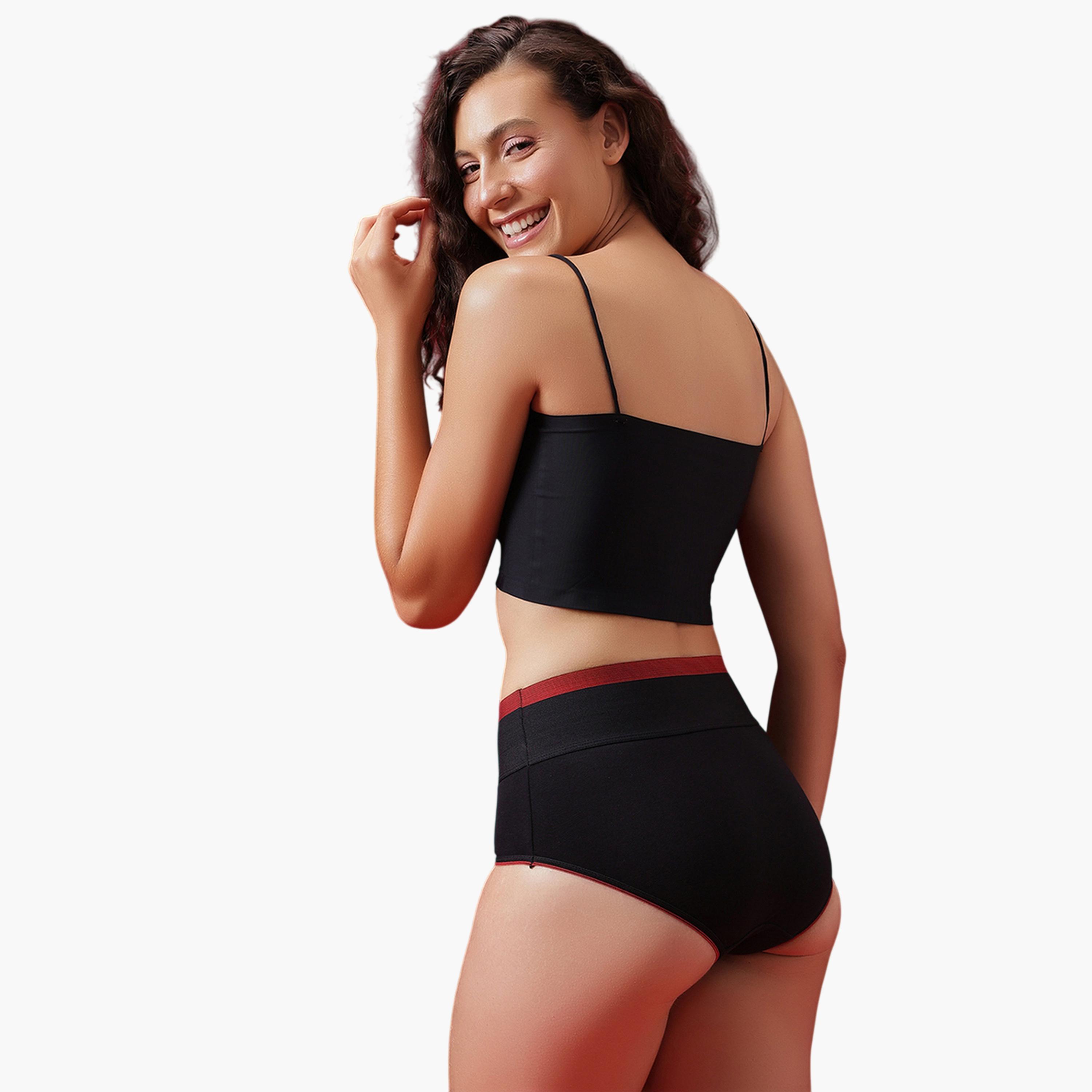 سروال داخلي هيبستر بخصر عالي وشد للبطن بمزيج القطن باللون الأسود-women-clothing-lingerie-panties-image-3