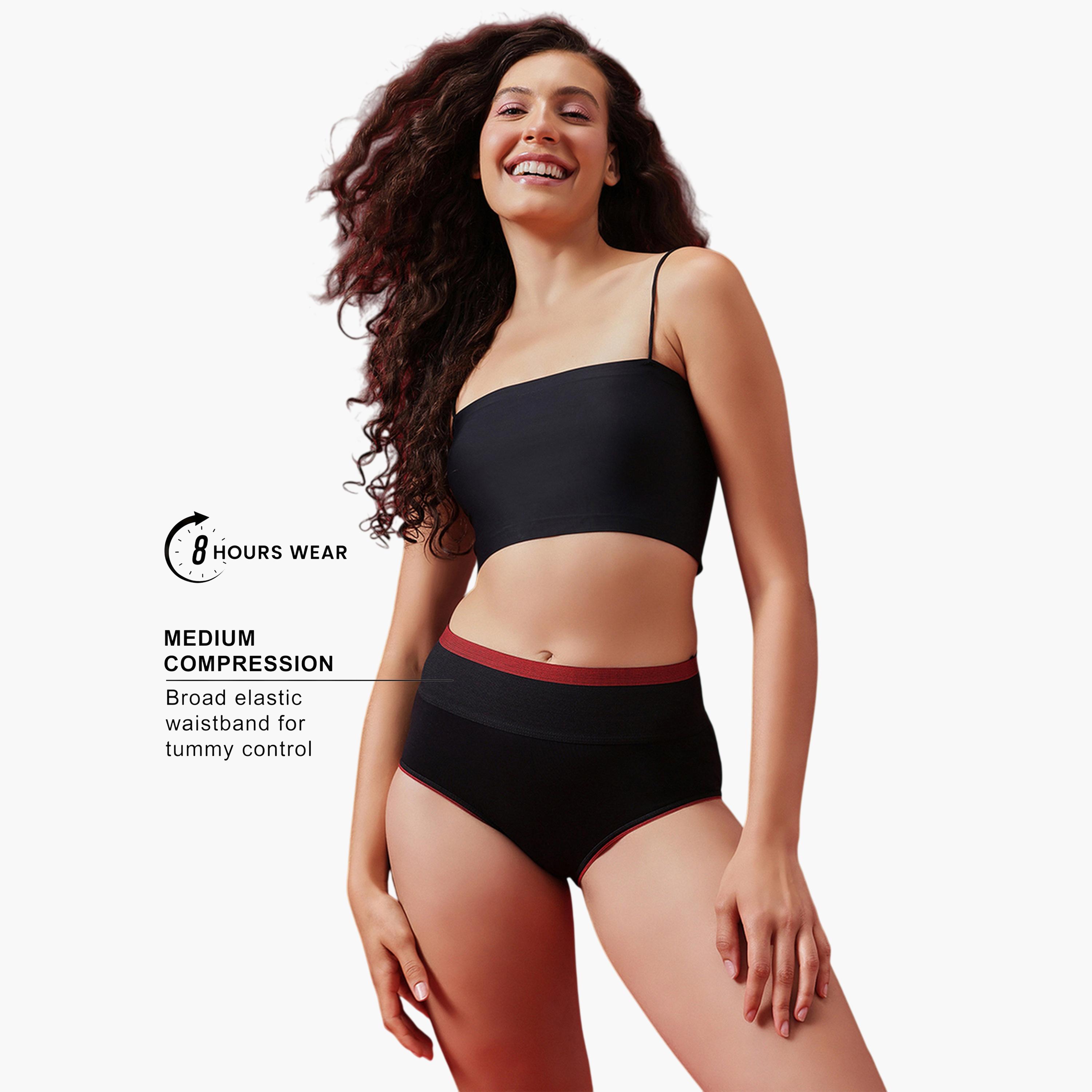 سروال داخلي هيبستر بخصر عالي وشد للبطن بمزيج القطن باللون الأسود-women-clothing-lingerie-panties-image-4