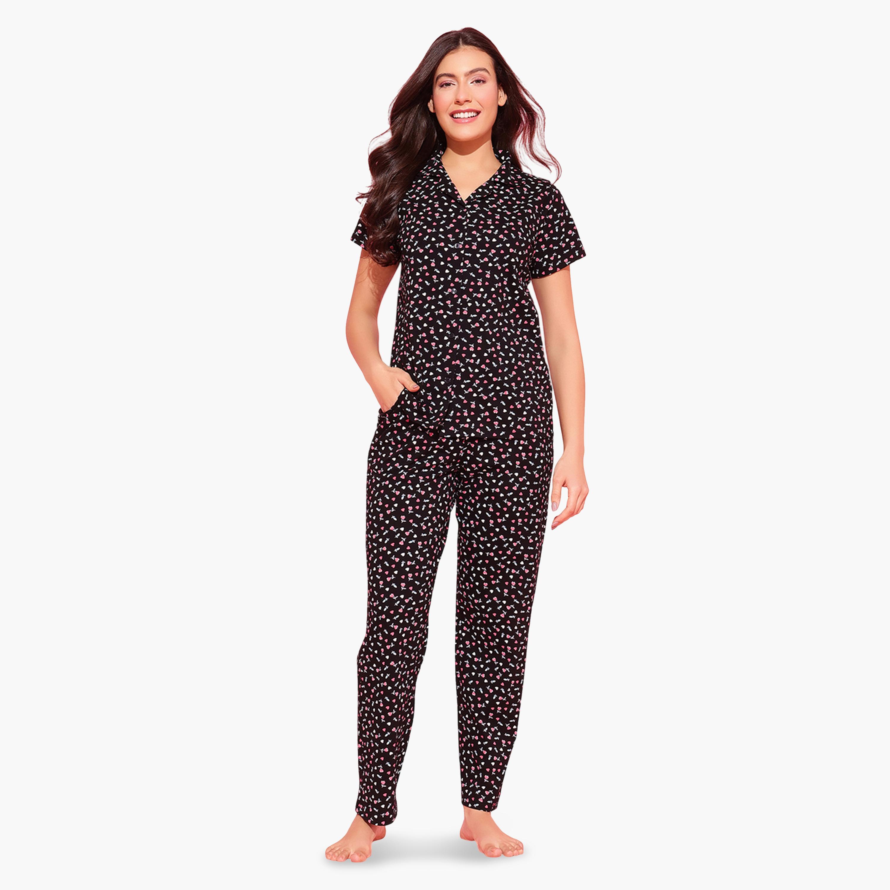 Clovia X Styli Black All Over Floral Print Shirt and Pants Pyjama Set-women-clothing-nightwear-pyjamas-longsets-image-1