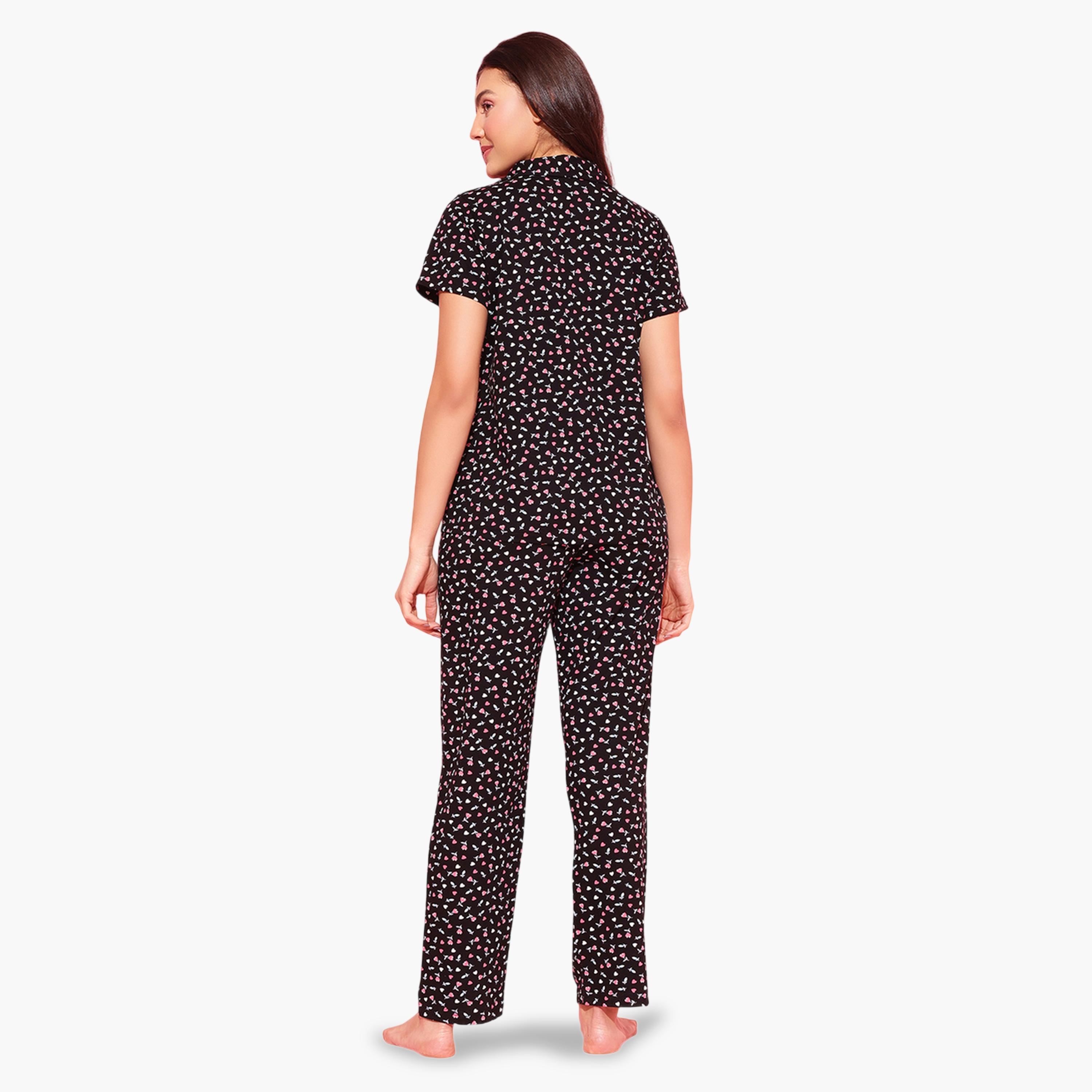 Clovia X Styli Black All Over Floral Print Shirt and Pants Pyjama Set-women-clothing-nightwear-pyjamas-longsets-image-3