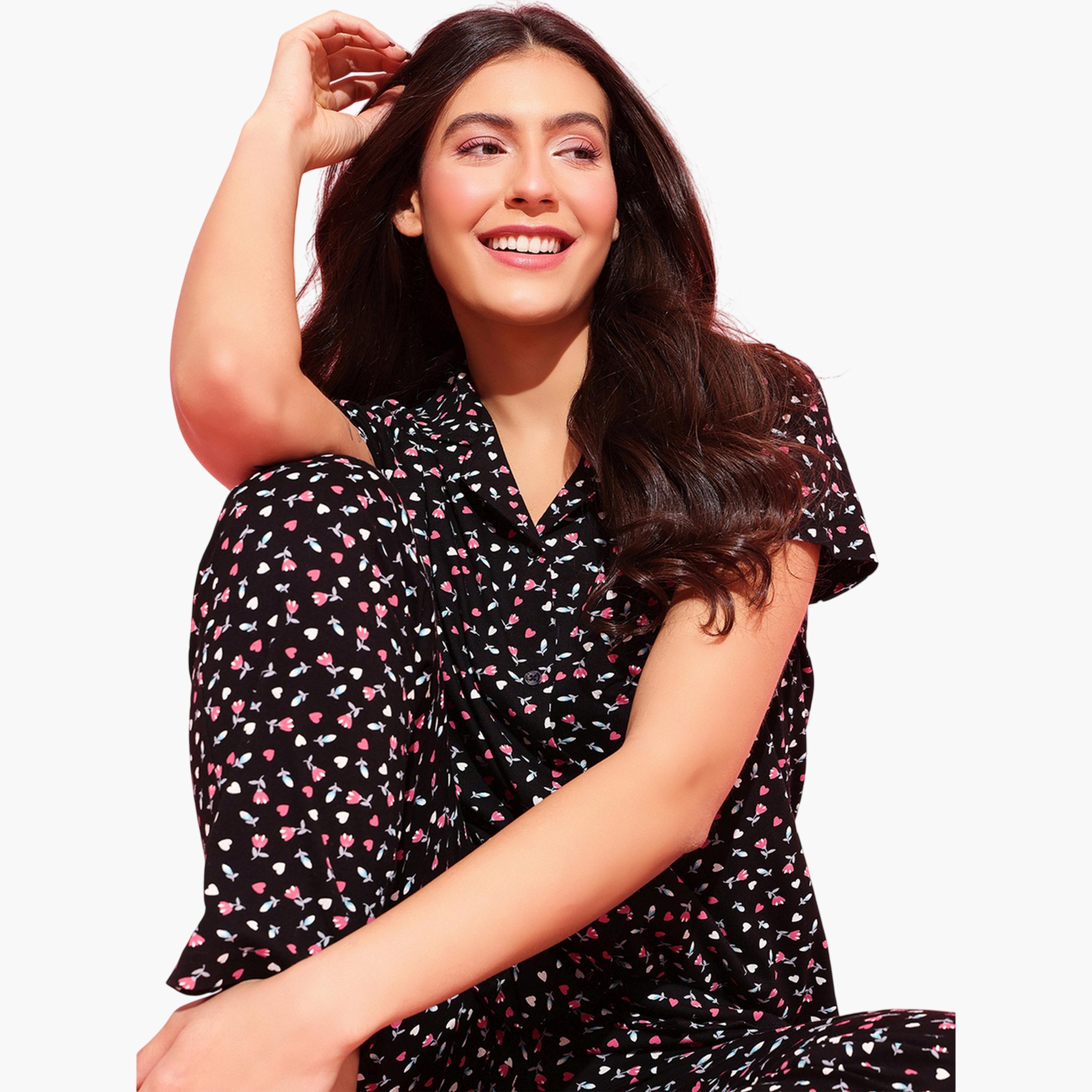 Clovia X Styli Black All Over Floral Print Shirt and Pants Pyjama Set-women-clothing-nightwear-pyjamas-longsets-image-4