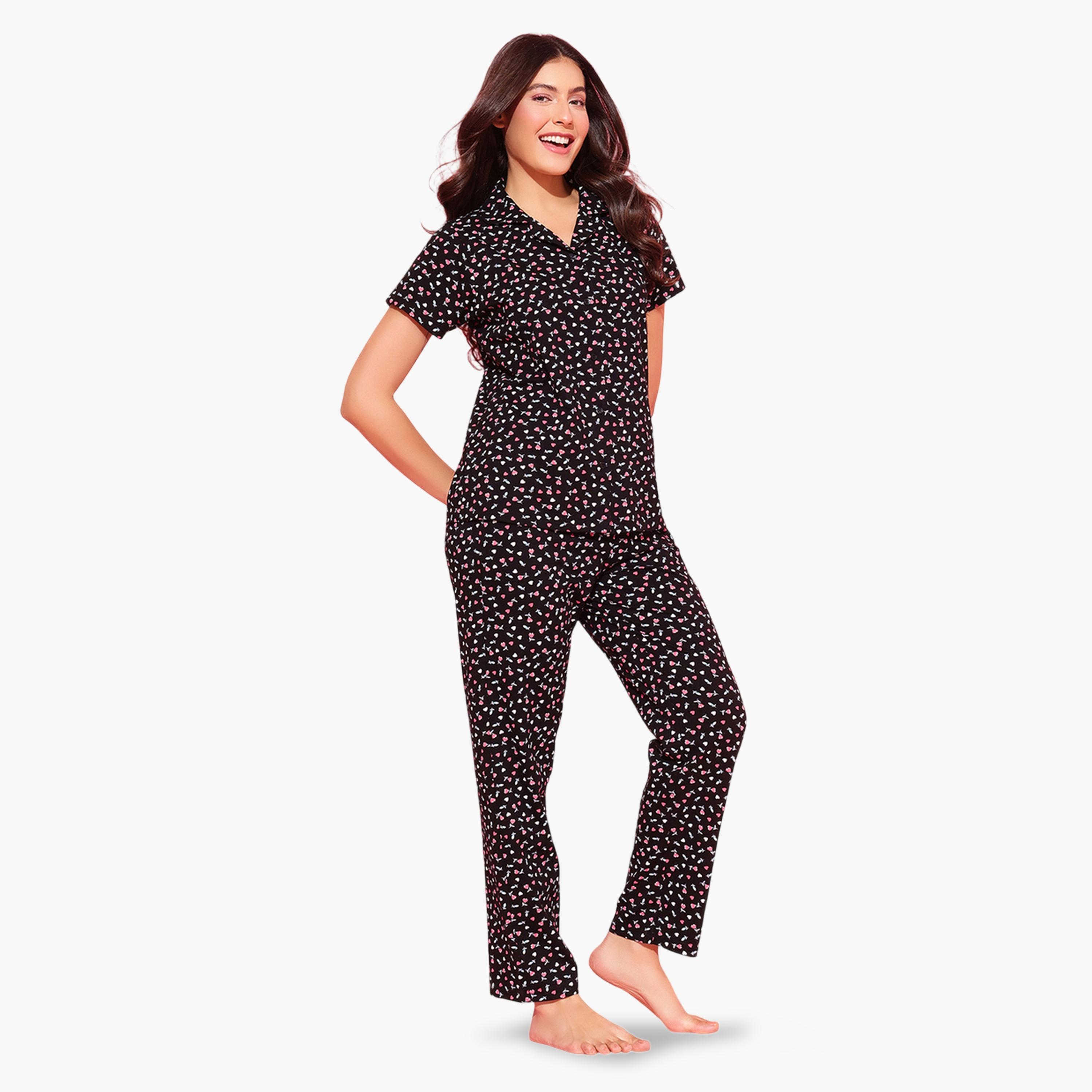 Clovia X Styli Black All Over Floral Print Shirt and Pants Pyjama Set-women-clothing-nightwear-pyjamas-longsets-image-7